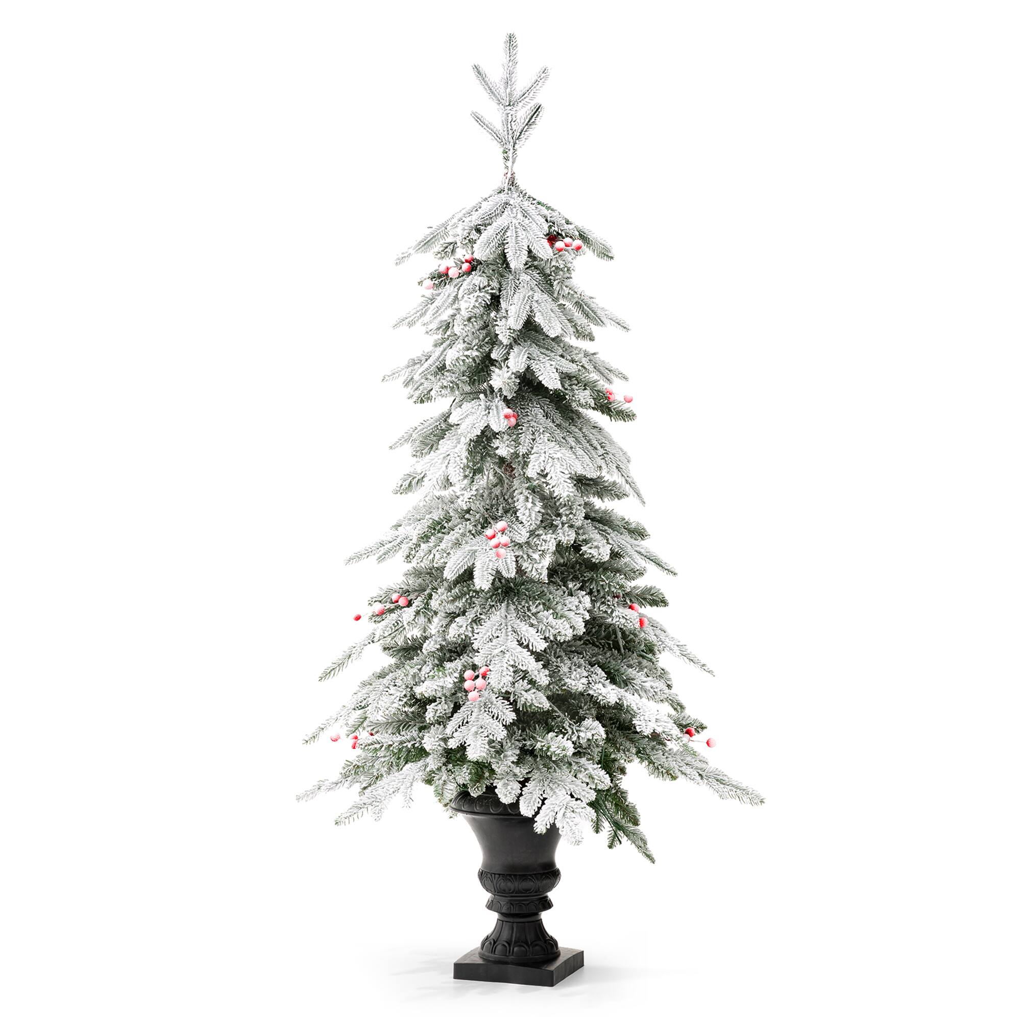 Angle. Glitzhome - 5FT Pre-Lit Flocked Fir Artificial Christmas Porch Tree with 150 Warm White Lights and Red Berries - White.