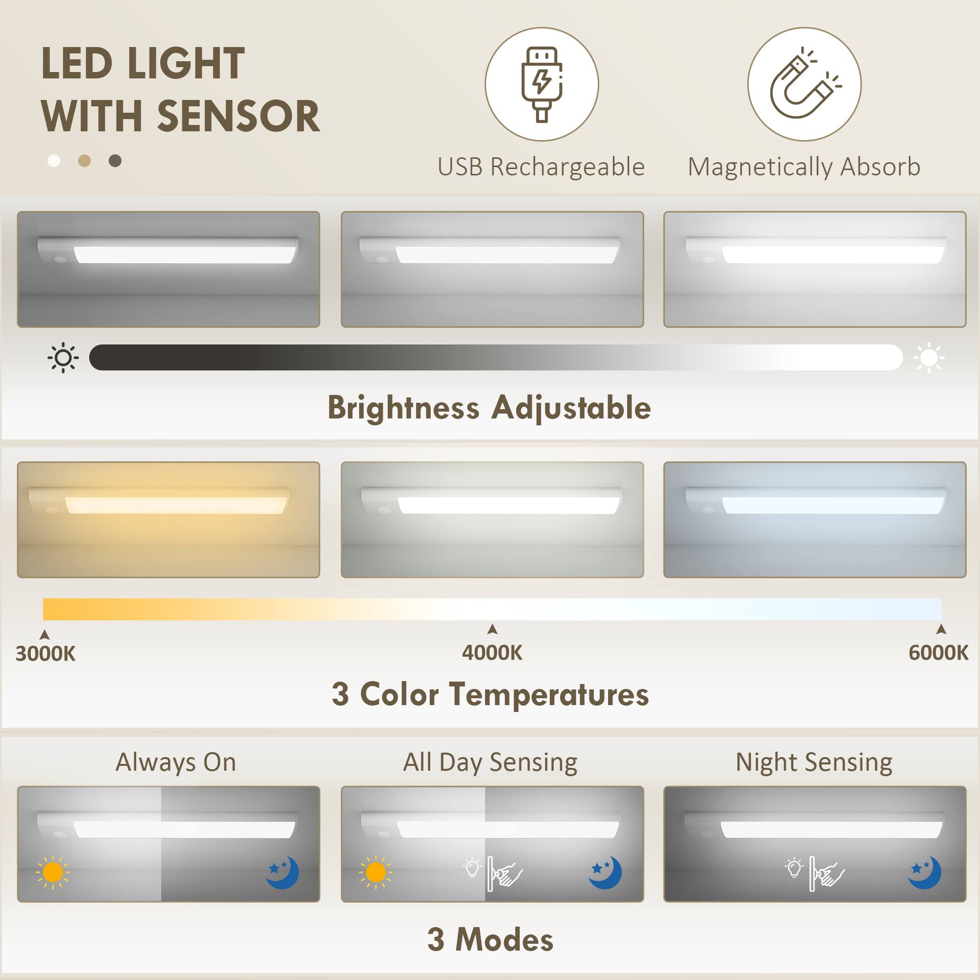 LED Light with Sensor

- USB Rechargeable
- Magnetically Absorb

Brightness Adjustable

3 Color Temperatures
- 3000K
- 4000K
- 6000K

3 Modes
- Always On
- All Day Sensing
- Night Sensing