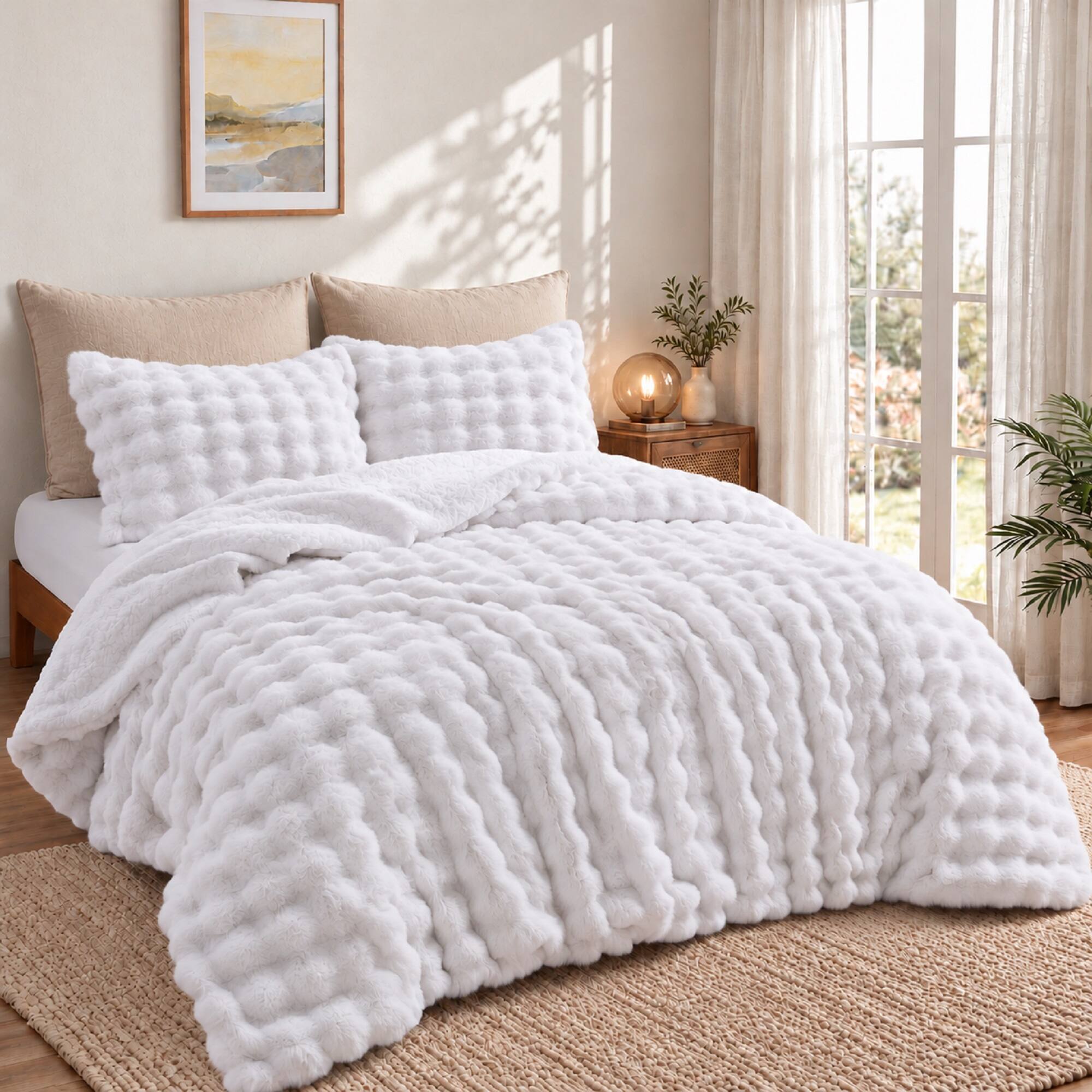 Left. Peace Nest - Peace Nest Ultra-Soft Faux Fur Comforter Set with Plush Tie-Dye & Reversible Sherpa, White, Queen - White.