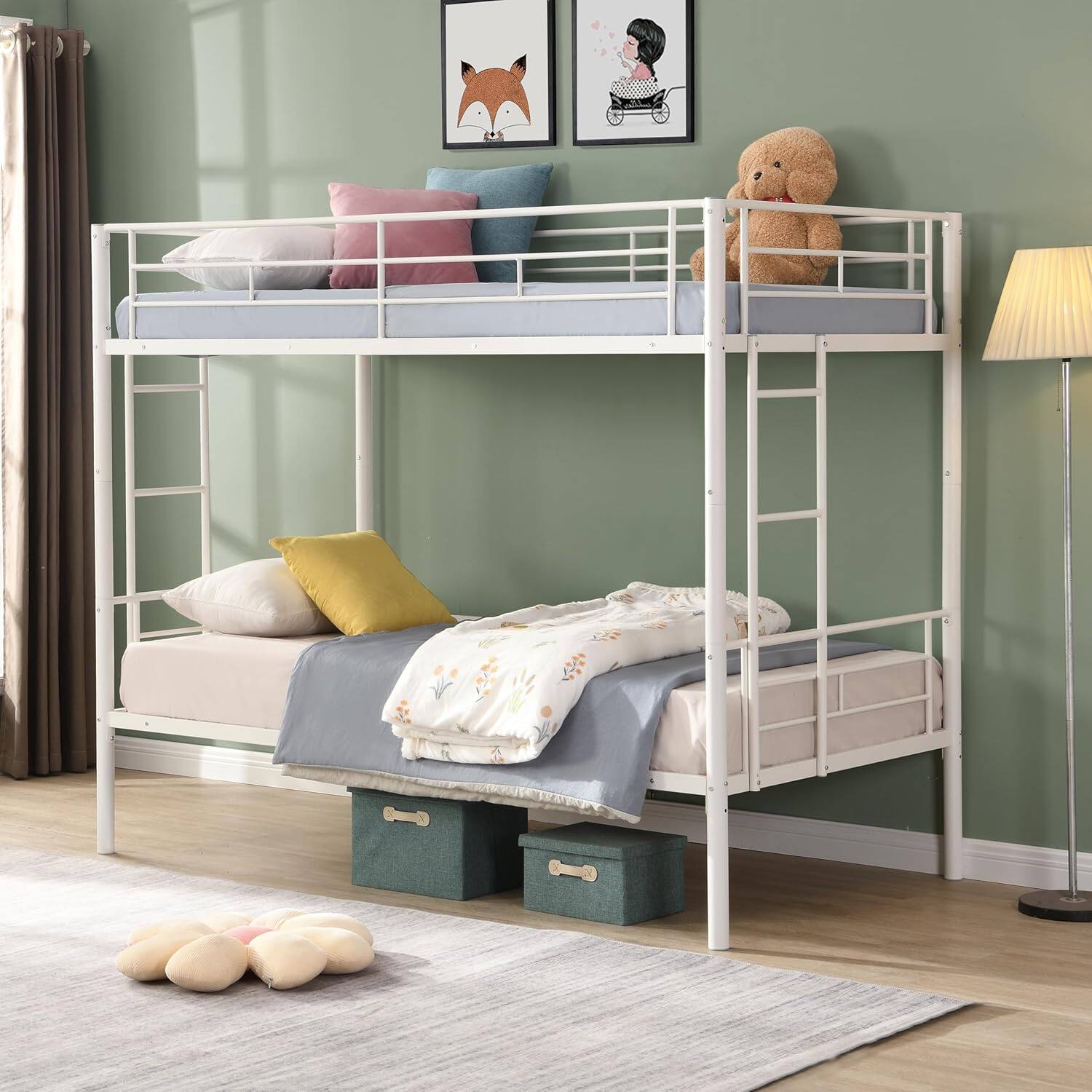 Alt View 2. Trinkets Crazed - Twin Over Twin Size Metal Detachable Bunk Bed Frame with 2 Side Ladder and Guardrail - white.