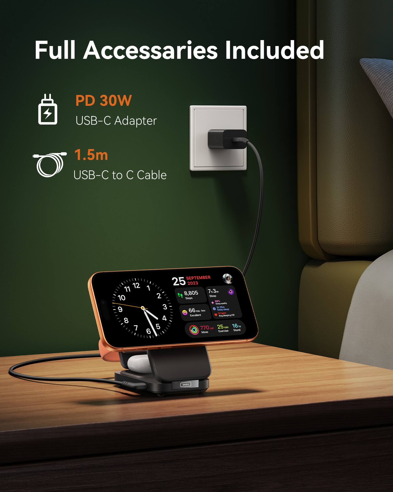 Full Accessories Included

PD 30W USB-C Adapter

1.5m USB-C to C Cable

SEPTEMBER 25 2023

8,805

7.3m

Steps

66

Sleep

770

25m

16