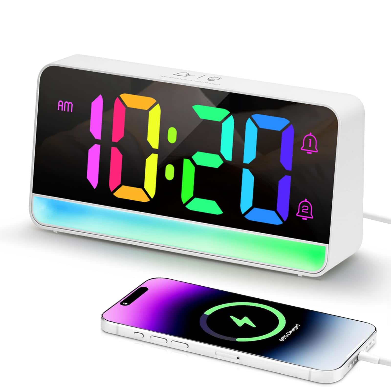Dazzed Corner - Super Loud Alarm Clock, Digital Clock with Adjustable RGB Color - White