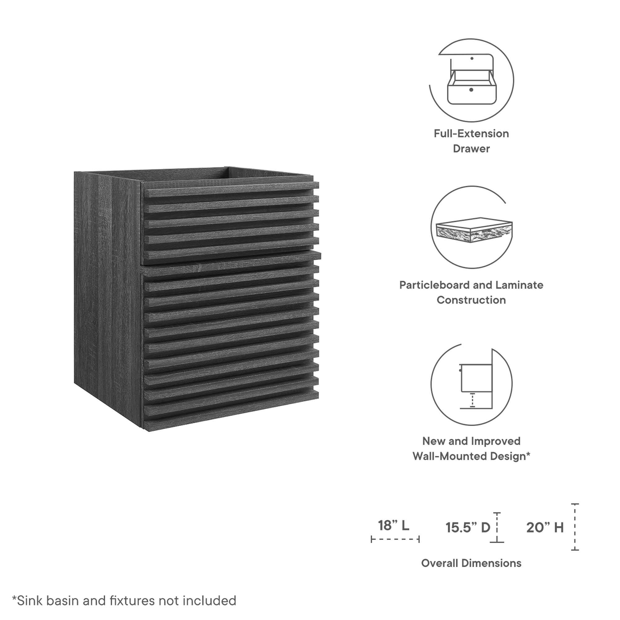 Full-Extension Drawer  
Particleboard and Laminate Construction  
New and Improved Wall-Mounted Design*  

18" L  
15.5" D  
20" H  

Overall Dimensions  

*Sink basin and fixtures not included