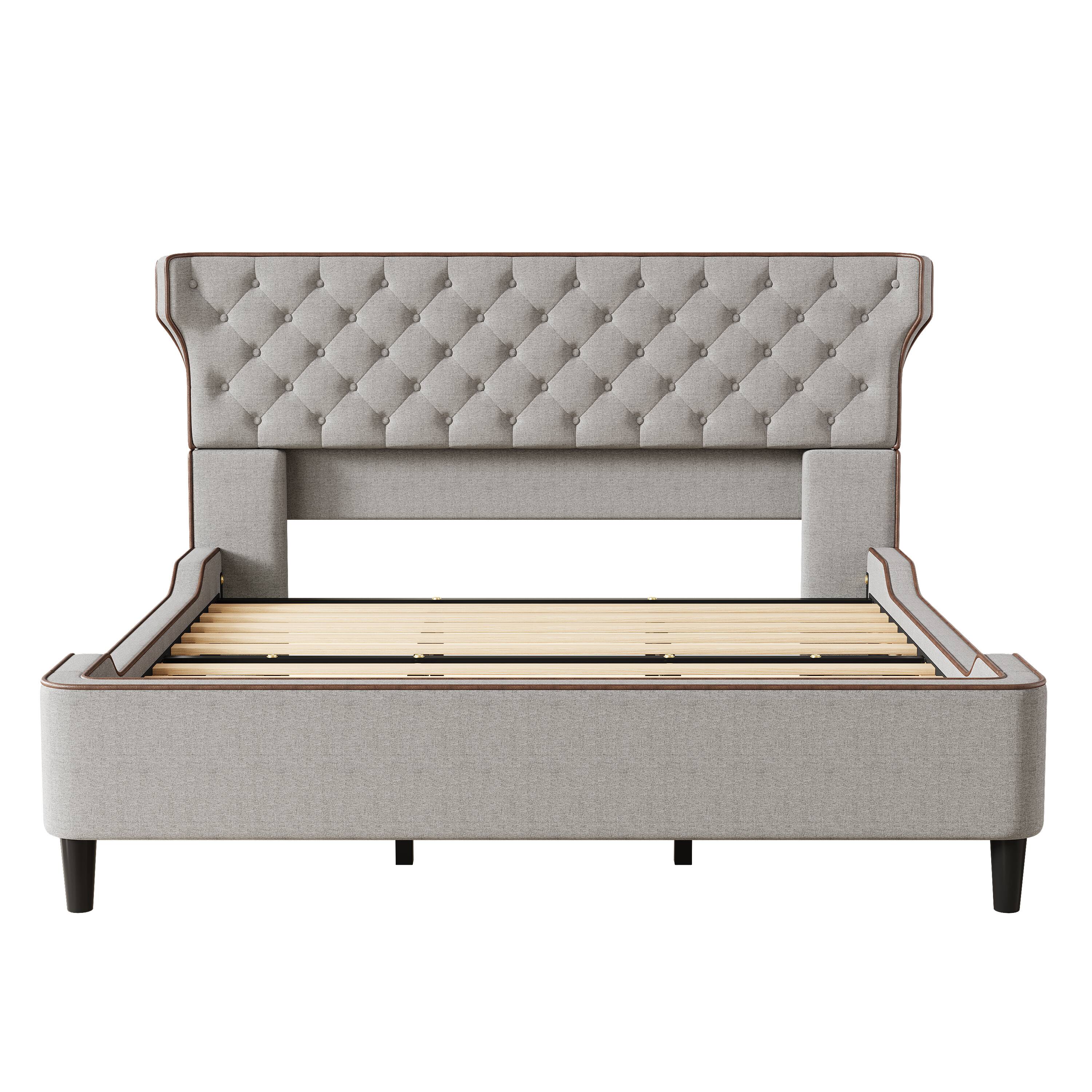 Back. Whisen - King Size Upholstered Platform Bed with Curved Wingback Headboard for Bedroom - Gray.