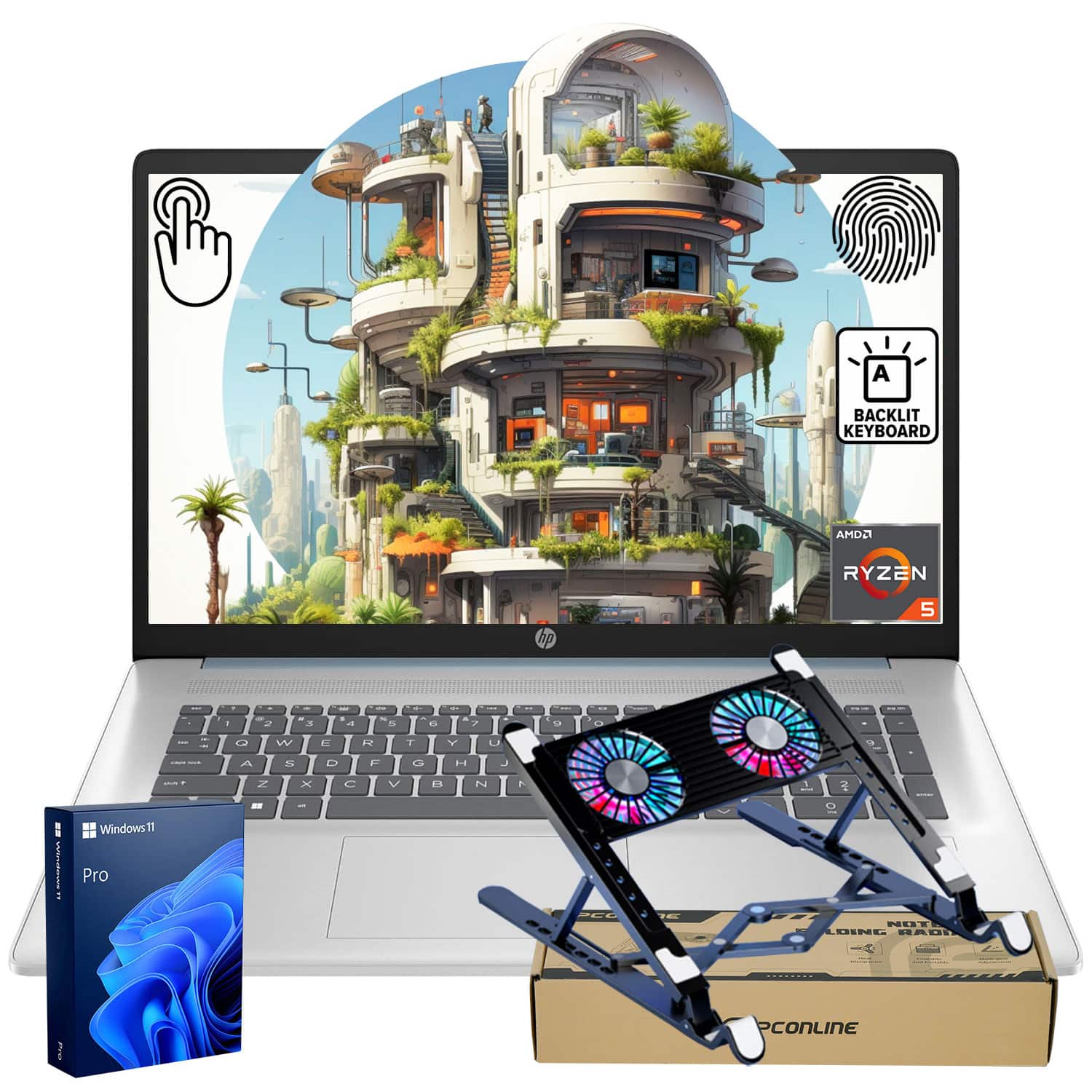 HP - 17.3" Touchscreen Laptop - AMD Ryzen 5 7430U with 8GB RAM - 512GB SSD - Numeric KP & Backlit KB - PCO Laptop Cooler - Blue