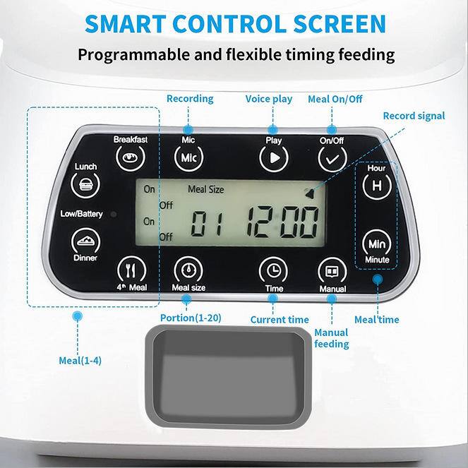 SMART CONTROL SCREEN  
Programmable and flexible timing feeding

- Recording
- Voice play
- Meal On/Off
- Record signal

Breakfast  
Lunch  
Dinner  
4th Meal  
Low/Battery  

- On/Off  
- Meal Size  
- Portion (1-20)  
- Meal (1-4)  
- Current time  
- Manual feeding  

- Play  
- On/Off  
- Hour (H)  
- Minute (Min)  
- Time  
- Manual  

01 12:00