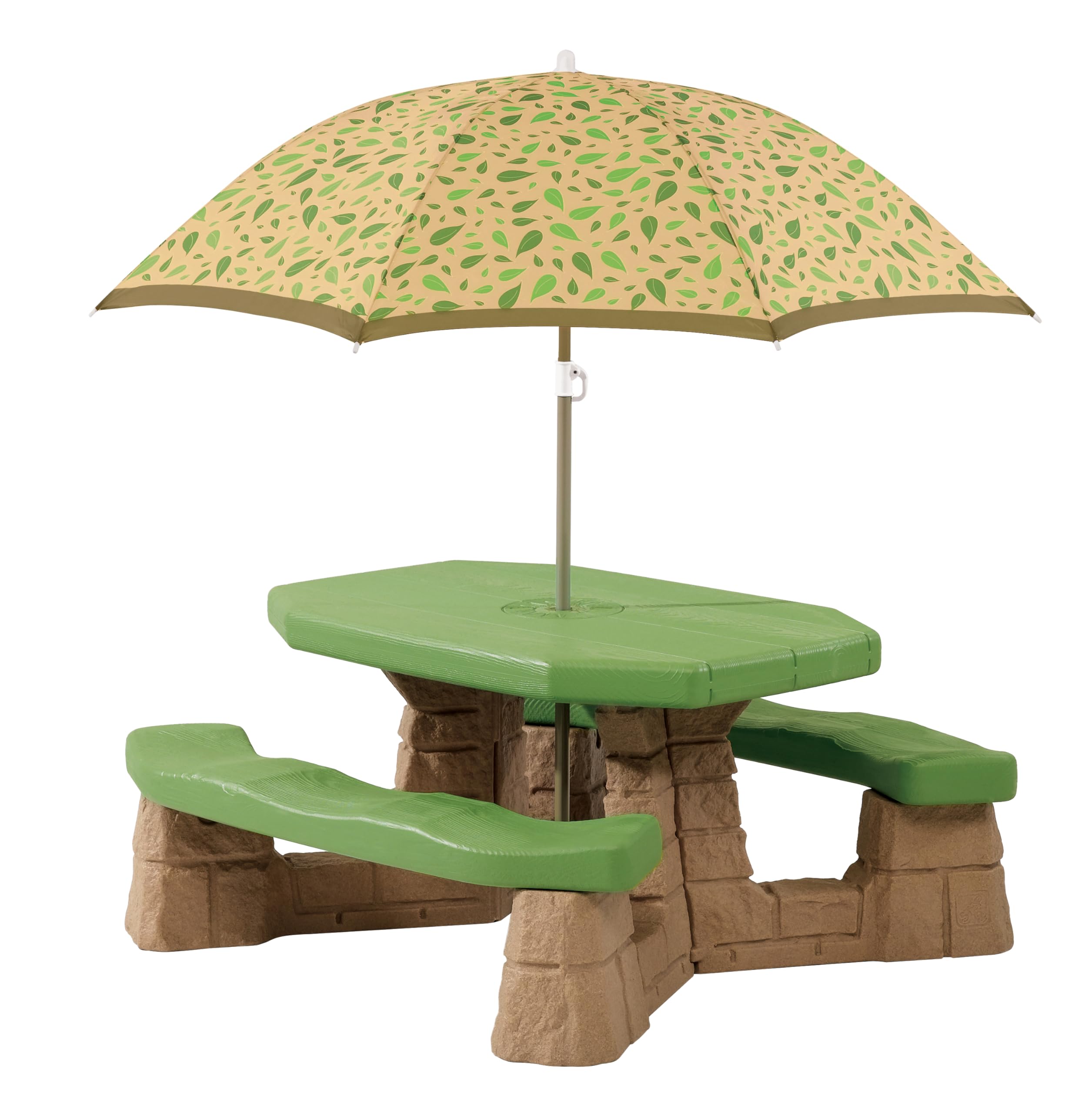 Front. JETRANSPORT - Naturally Playful Picnic Table With Removable Umbrella  Indoor/outdoor Toys Fits 6 Made Of Durable Plastic For - Green & Leaves 69.25" H x 43" W x 40.75" D.