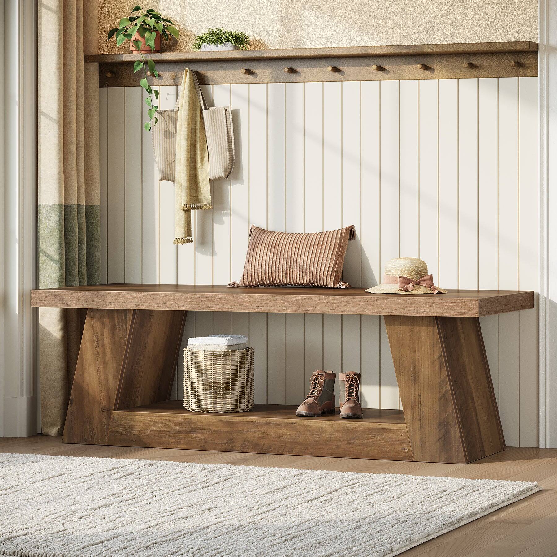 Front. Tribesigns - Office Reception Bench with Engineered Wood Construction, Storage Shelves, for Office Entryways and Waiting Areas - Brown.