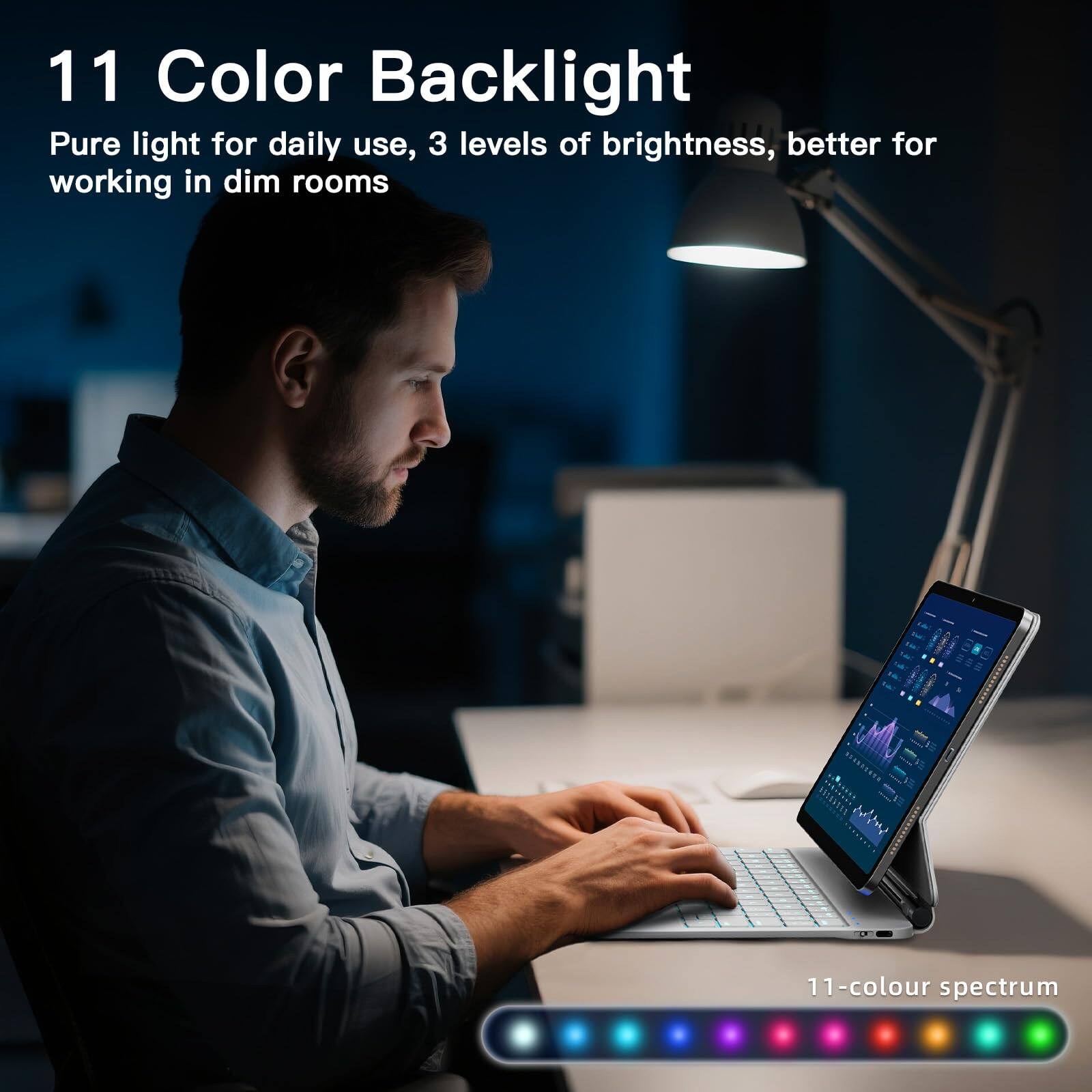 11 Color Backlight  
Pure light for daily use, 3 levels of brightness, better for working in dim rooms  

11-colour spectrum