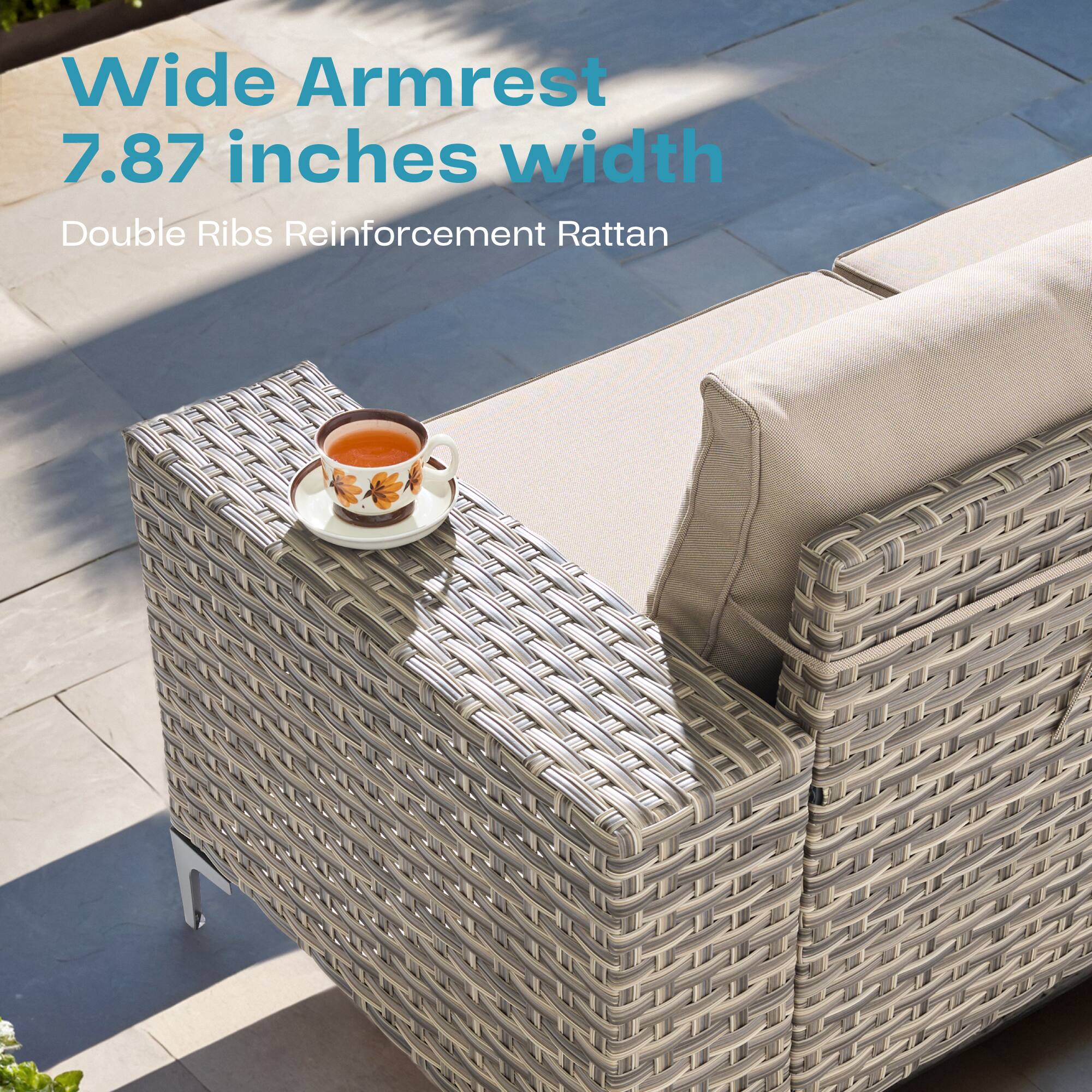 Wide Armrest  
7.87 inches width  
Double Ribs Reinforcement Rattan