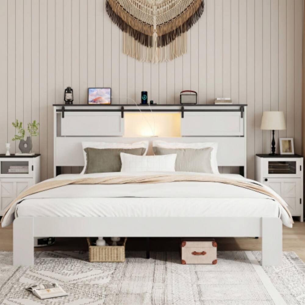 Angle. LUCKY ONE - King Size Metal Bed Frame with Storage Headboard, USB Charging, Heavy Duty Metal Slats, No Box Spring Needed - White,King.