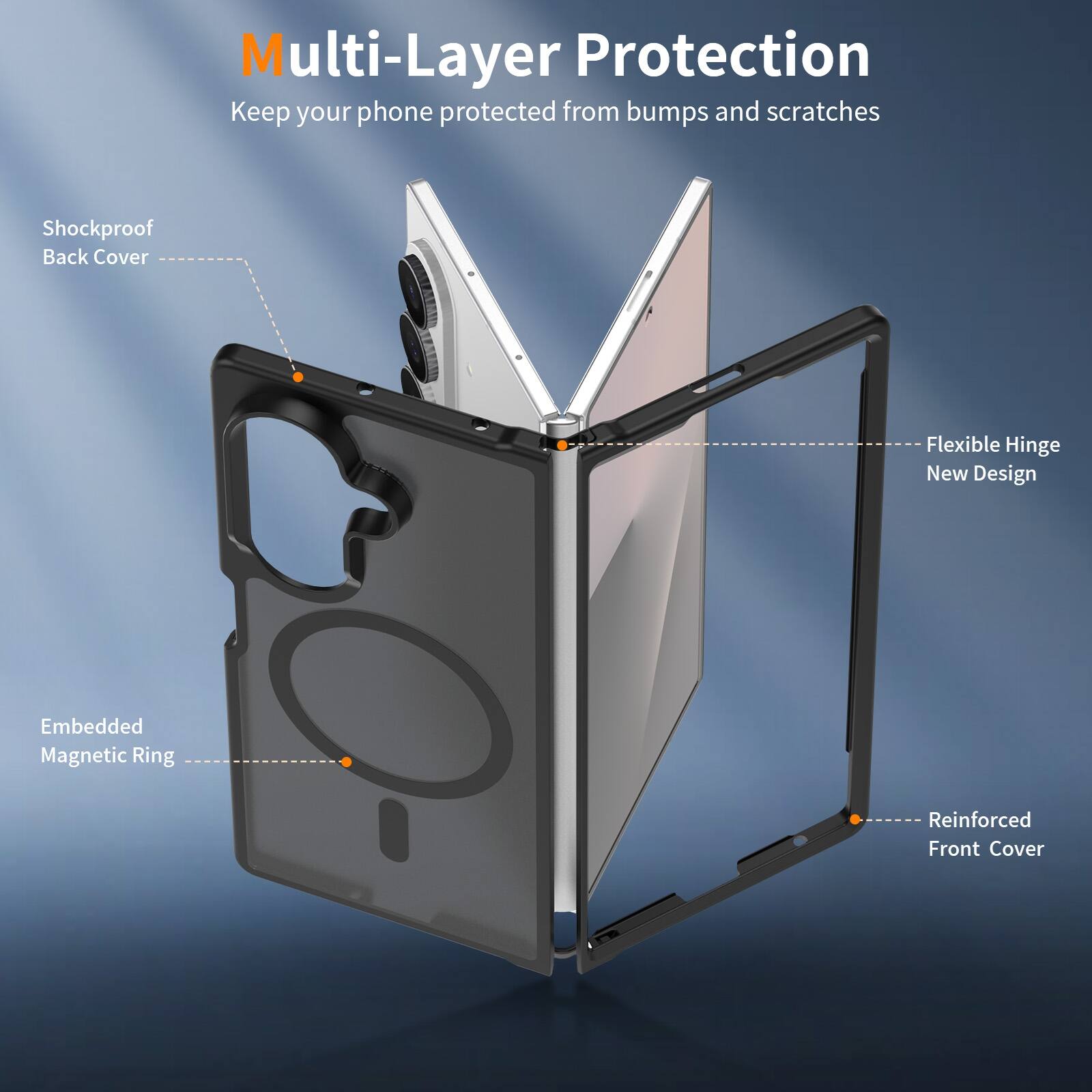 Multi-Layer Protection  
Keep your phone protected from bumps and scratches  
Shockproof Back Cover  
Flexible Hinge New Design  
Embedded Magnetic Ring  
Reinforced Front Cover
