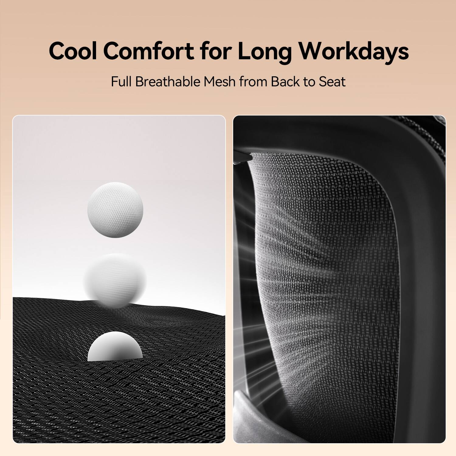 Cool Comfort for Long Workdays  
Full Breathable Mesh from Back to Seat