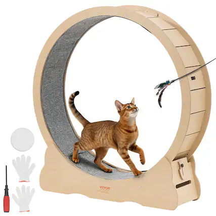 Front. VEVOR - Cat Exercise Wheel, 48 in Wooden Cat Running Wheel for Indoor Cats up to 28 lbs, Cats Treadmill with Carpeted Runway - Wood Grain Finish.