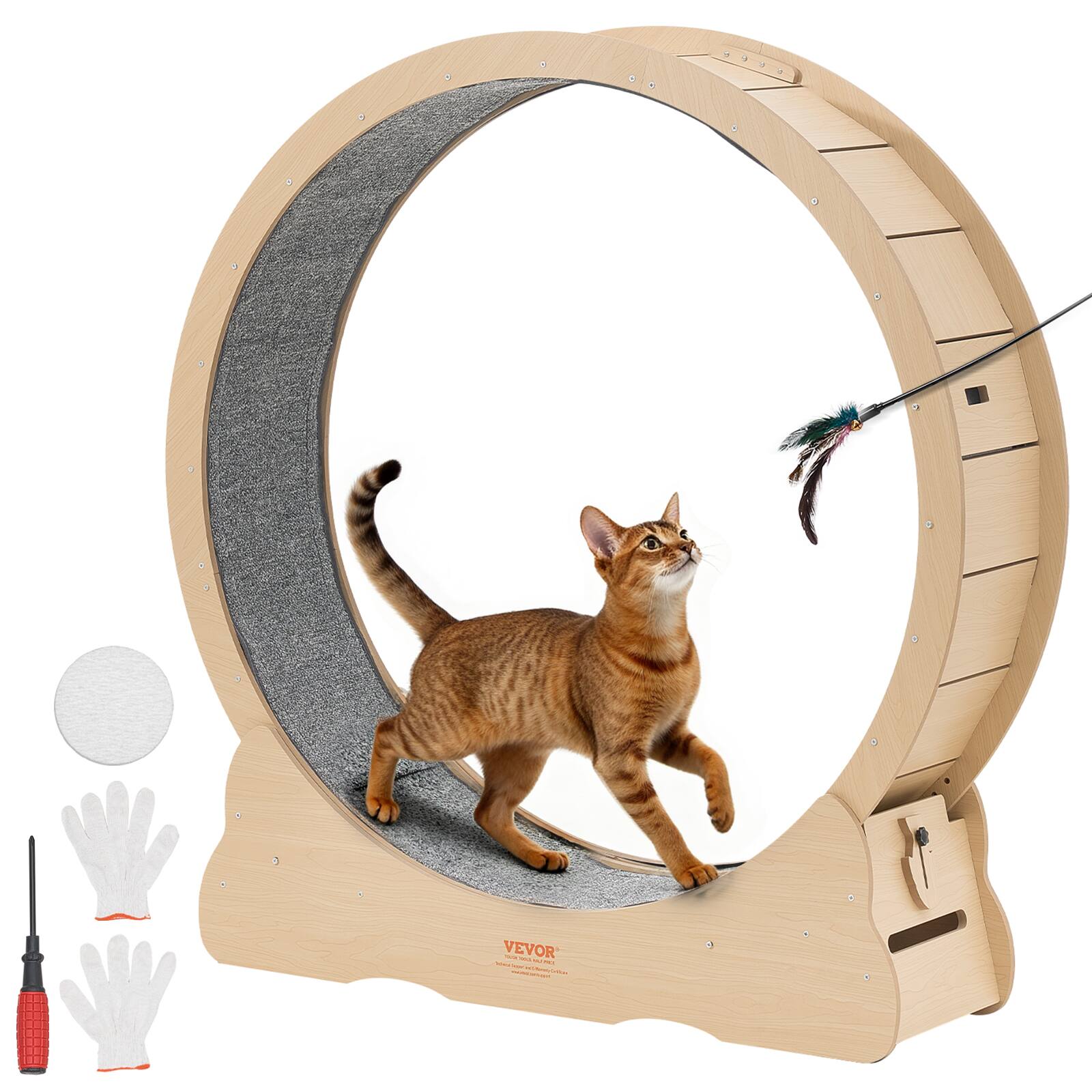 Front. VEVOR - Cat Exercise Wheel, 48 in Wooden Cat Running Wheel for Indoor Cats up to 28 lbs, Cats Treadmill with Carpeted Runway - Wood Grain Finish.
