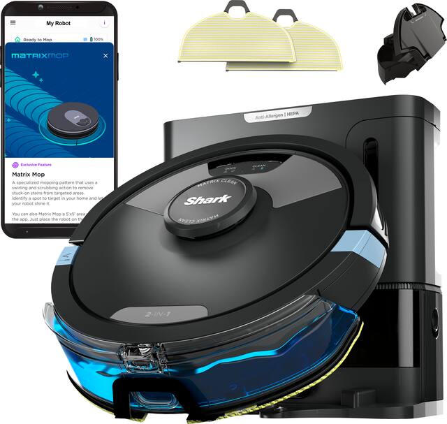 Shark - Matrix Plus 2-in-1 Robot Vacuum & Mop with Sonic Mopping, Matrix Clean, Home Mapping, HEPA Bagless Self Empty, WiFi - Black