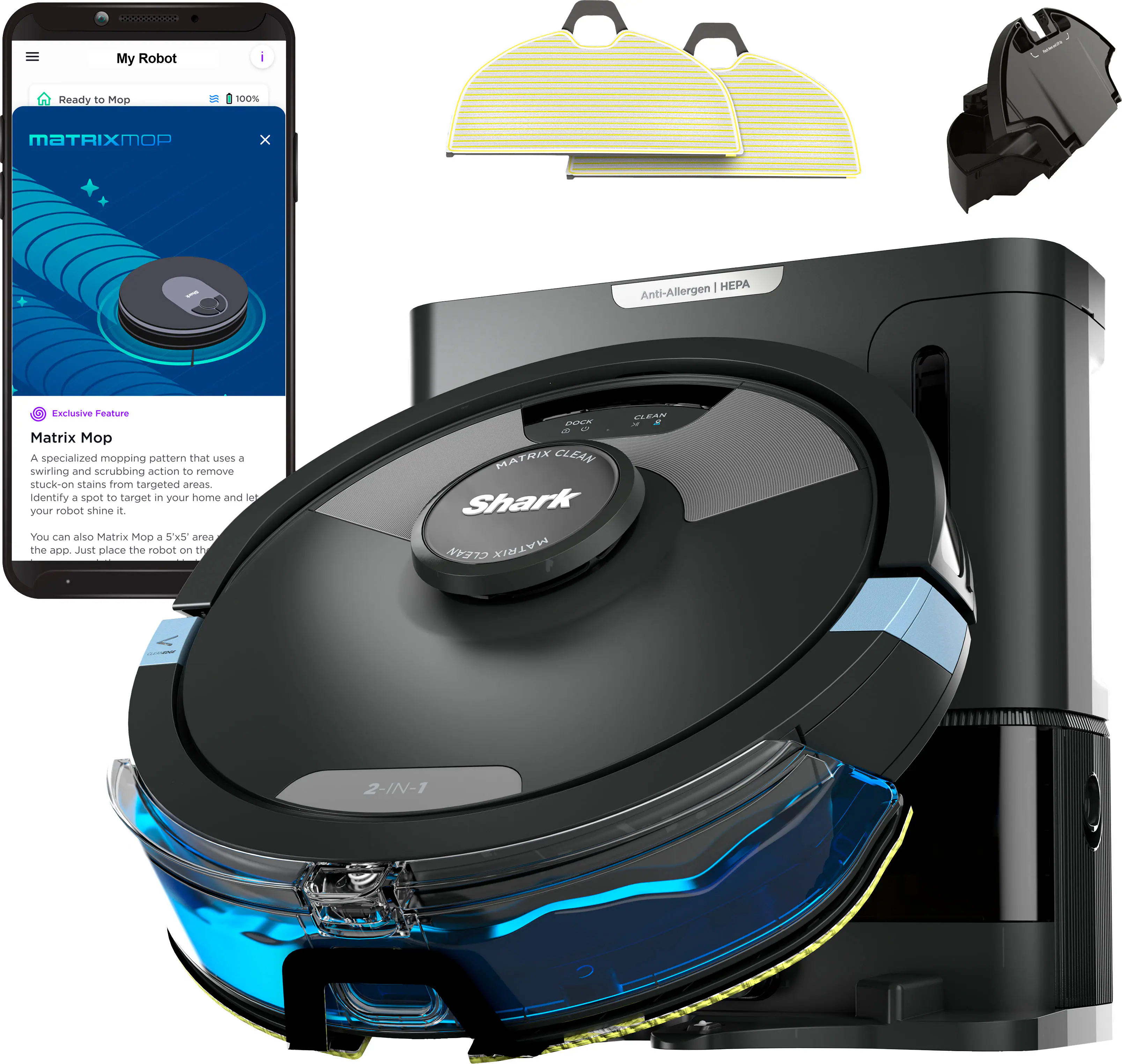 Shark - Matrix Plus 2-in-1 Robot Vacuum & Mop with Sonic Mopping, Matrix Clean, Home Mapping, HEPA Bagless Self Empty, WiFi - Black