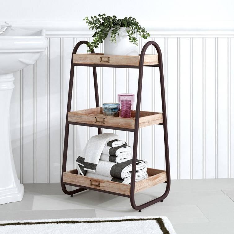 Left. Hivvago - Industrial Freestanding 3-Tier Bathroom Storage Shelving Unit - Rustic Brown.