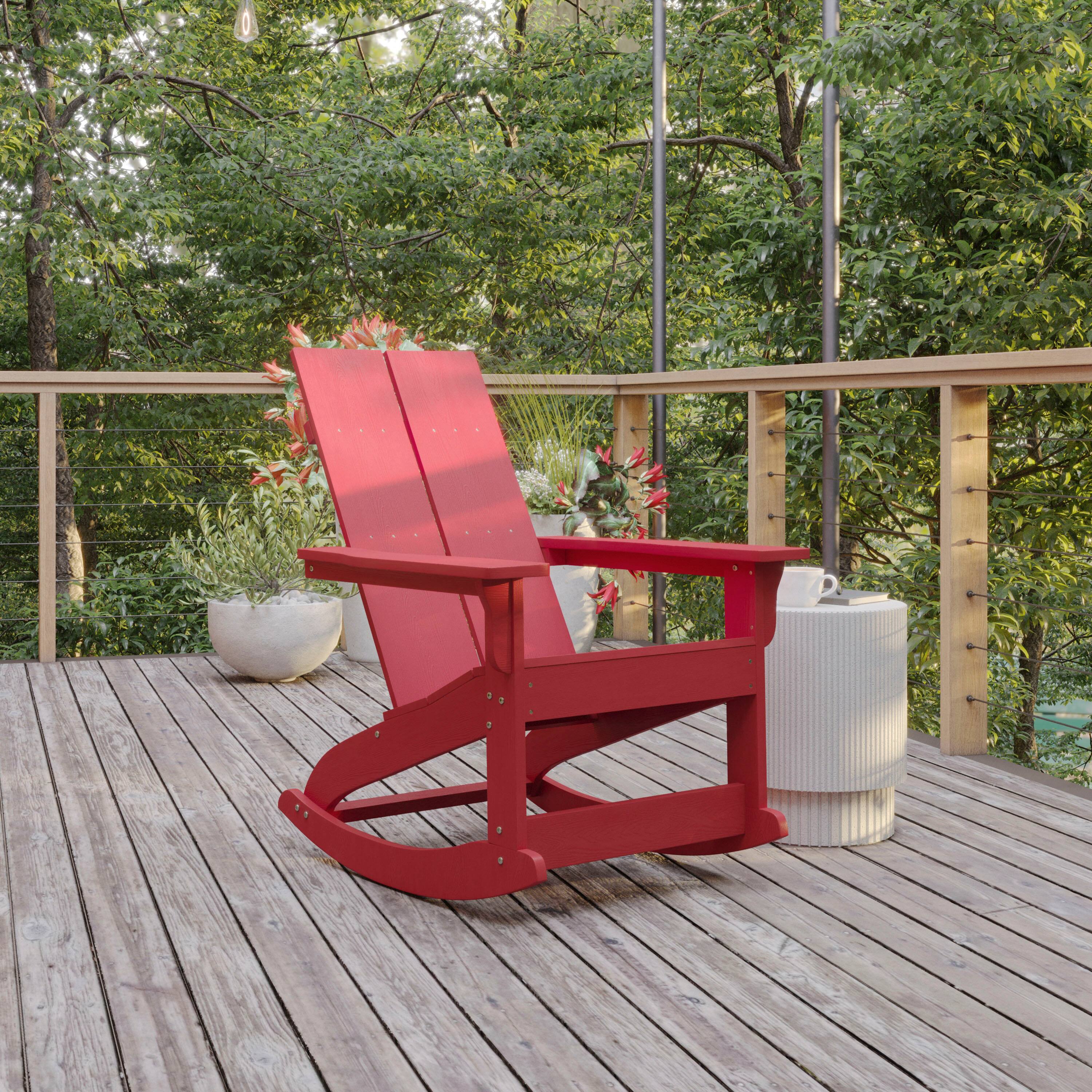 Alt View 1. Flash Furniture - Finn Modern Commercial Grade Poly Resin Wood Adirondack Rocking Chair - All Weather Red Polystyrene - Dual Slat Back - S - Red.