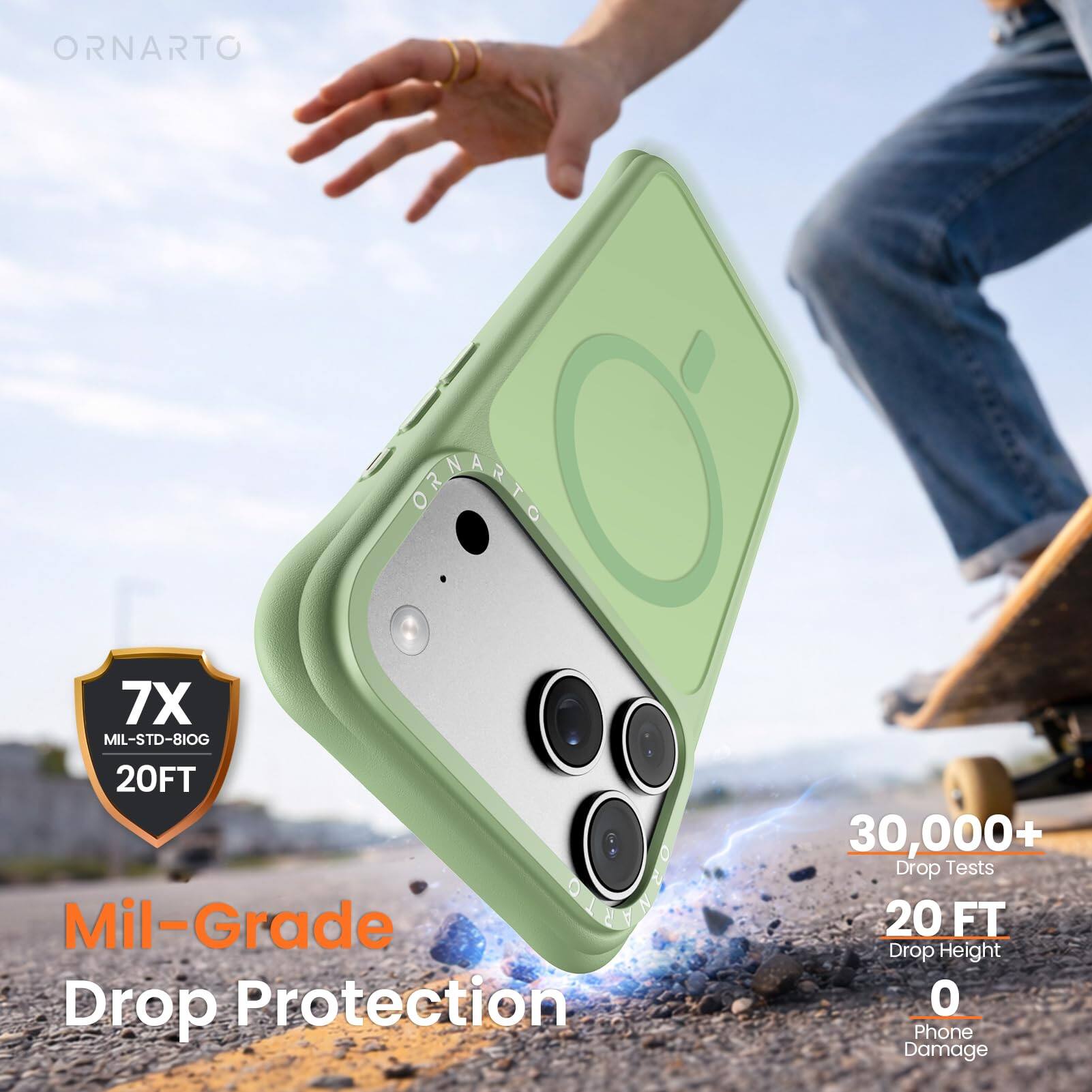 ORNARTO G O 7X MIL-STD-810G 20FT Mil-Grade C Drop Protection 30,000+ Drop Tests 20 FT Drop Height 0 Phone Damage