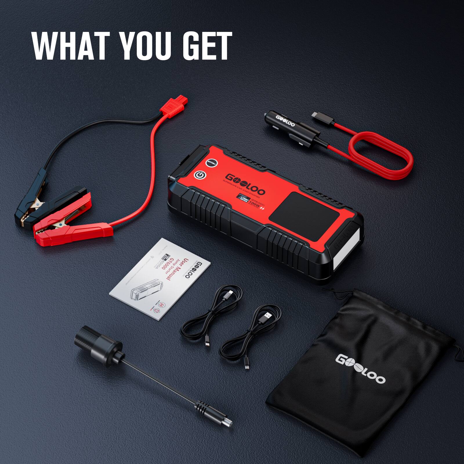 WHAT YOU GET

GOCLOO

- C
- GOCLOO
- i S
- L01
- 2 d0
- SOODA GT6000
- User Manual
- GOSLOO
- e
- G
- GOGLOO
- LOO