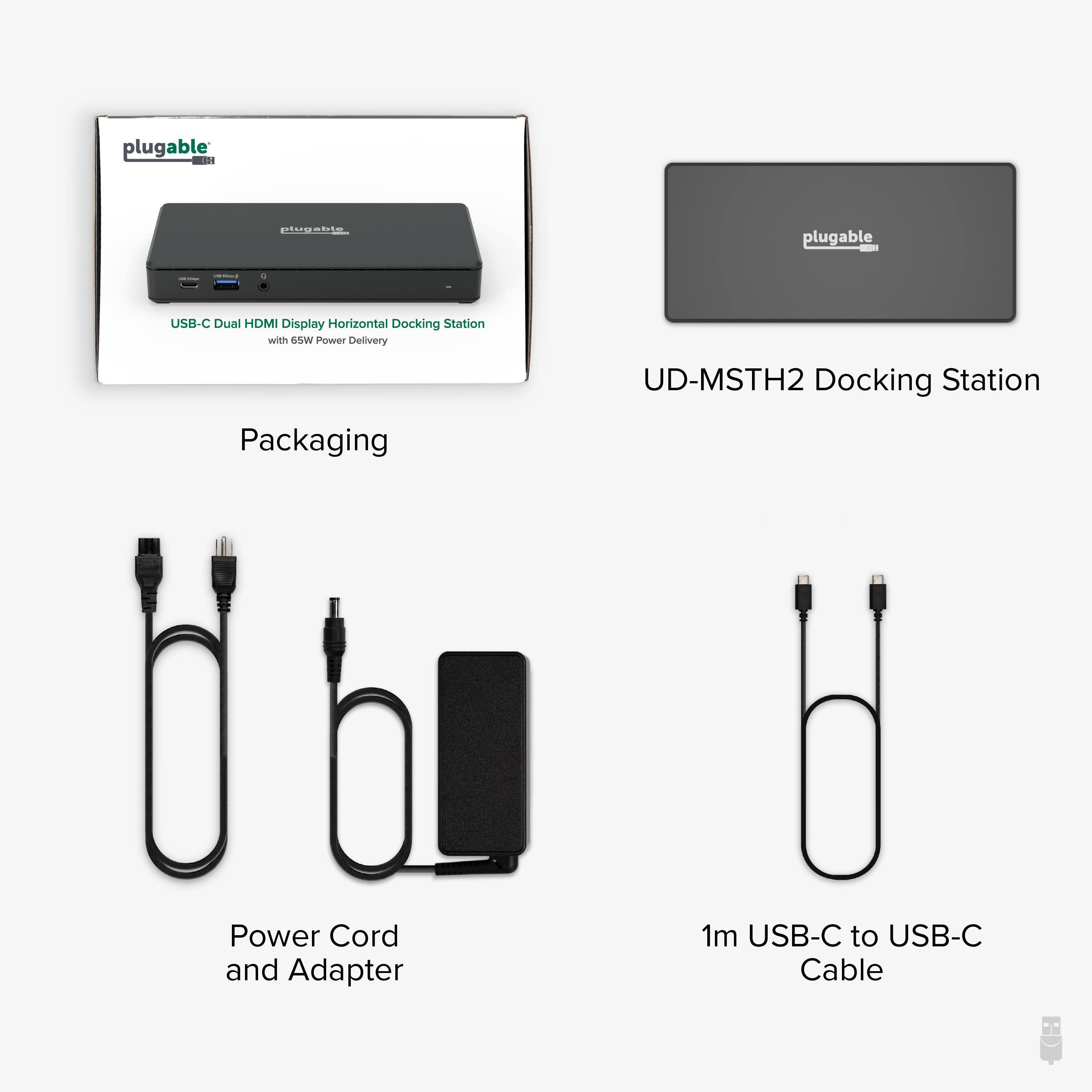 plugable USB-C Dual HDMI Display Horizontal Docking Station with 65W Power Delivery, UD-MSTH2 Docking Station, Packaging, Power Cord and Adapter, 1m USB-C to USB-C Cable