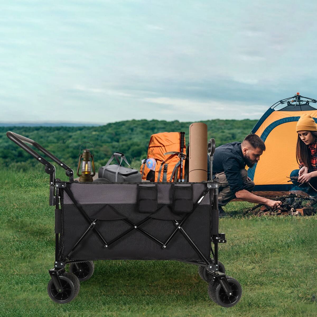 Alt View 4. Loheer - Loheer Heavy Duty Folding Wagon with Adjustable Push Pull Handles and All Terrain Wheels.