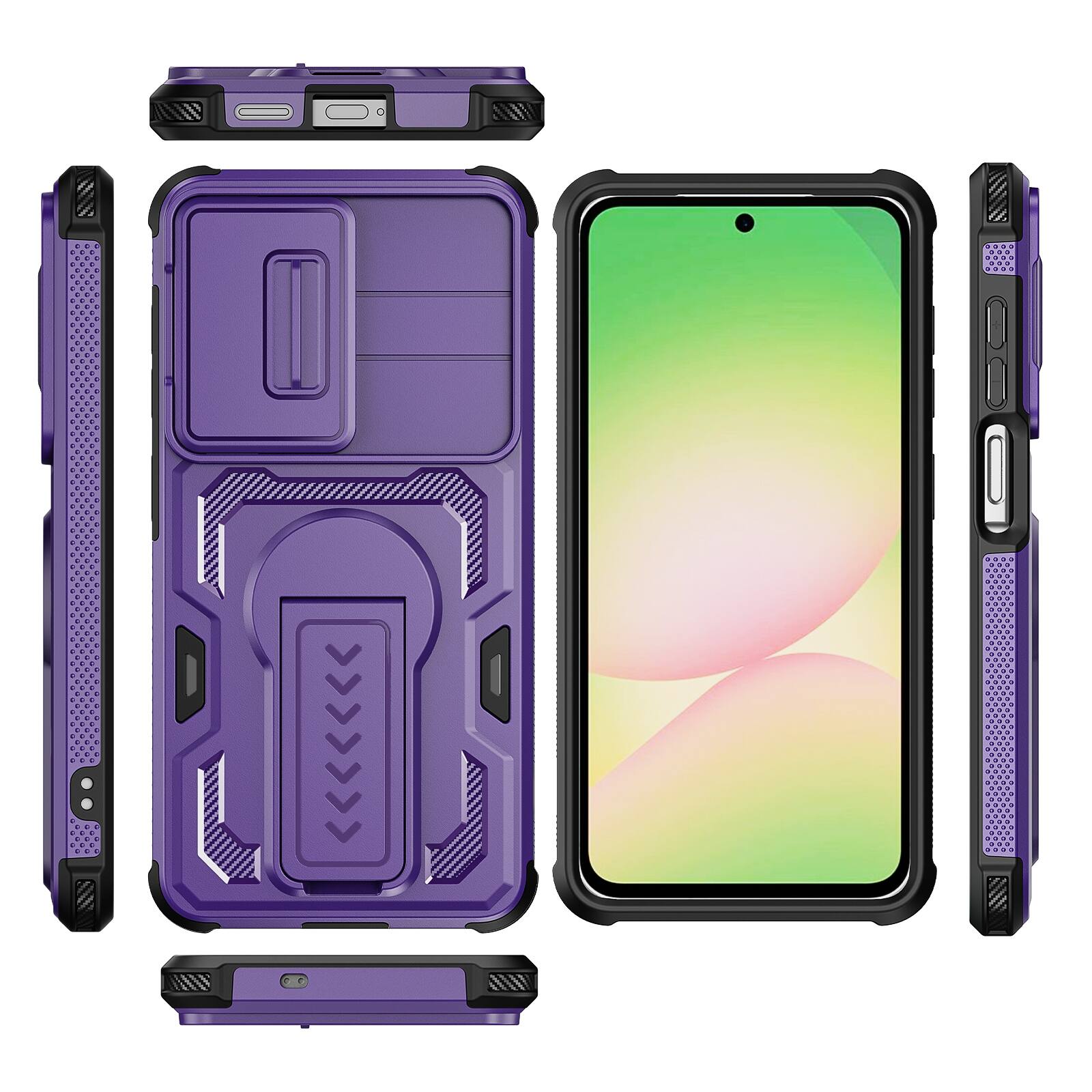 Alt View 4. Dteck - Rugged Stand Case for Samsung Galaxy S26,Shockproof Heavy Duty Cover With Sliding Lens Cover+Tempered Glass Flim - Purple.