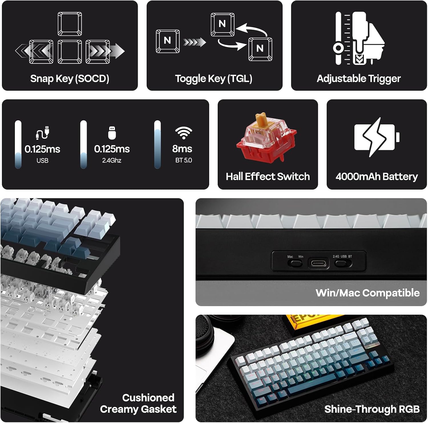 - Snap Key (SOCD)
- Toggle Key (TGL)
- Adjustable Trigger
- 0.125ms USB
- 0.125ms 2.4Ghz
- 8ms BT 5.0
- Hall Effect Switch
- 4000mAh Battery
- Cushioned Creamy Gasket
- Shine-Through RGB
- Win/Mac Compatible