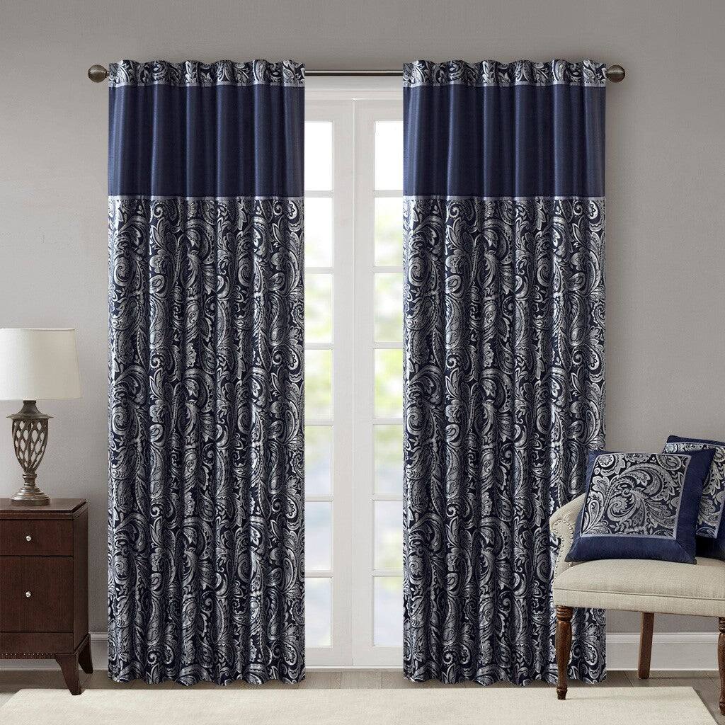 Front. BreeBe - Jacquard Curtain Panel Pair(2 Pcs Window Panels) - Navy.