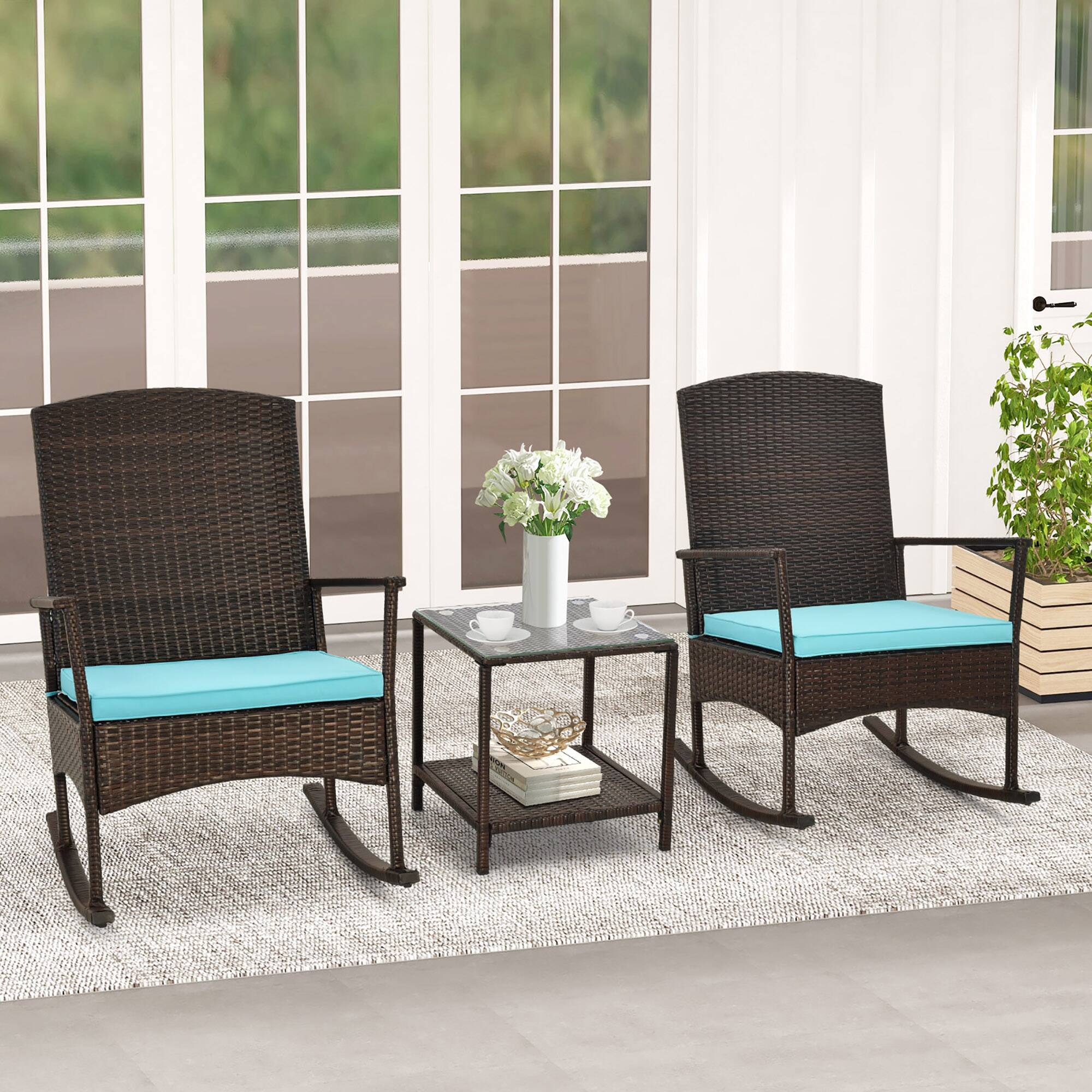 Gymax - 3 Pieces Rocking Wicker Bistro Set Outdoor Front Porch Rocker Chairs Conversation Set Turquoise - Turquoise, Mix Brown