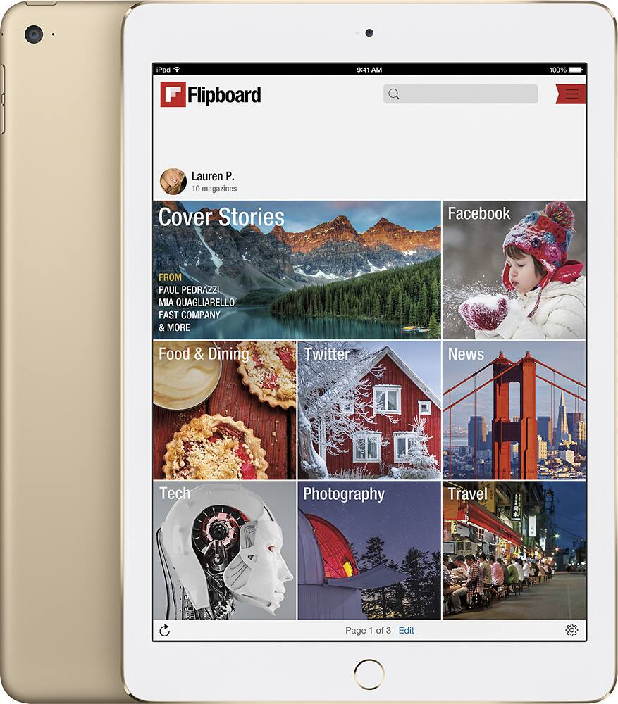 Lauren P. is using Flipboard to browse through various magazines, including Fast Company, and more. She is also using social media platforms such as Facebook and Twitter to stay updated on news and other topics. The image shows a tablet displaying the Flipboard app, with a variety of articles and images from different sources. The app allows her to easily access and read content from multiple sources, making it a convenient and efficient way to stay informed and engaged with the world around her.
