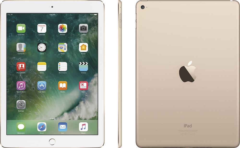 The image shows a white iPad and a gold iPad side by side. The white iPad has a clock, calendar, photos, camera, and various apps such as FaceTime, Contacts, Clock, Maps, Home, Photo Booth, Notes, Reminders, Videos, and Music. The gold iPad also has the same apps and features as the white iPad. The image highlights the similarities between the two devices, showcasing their design and functionality.
