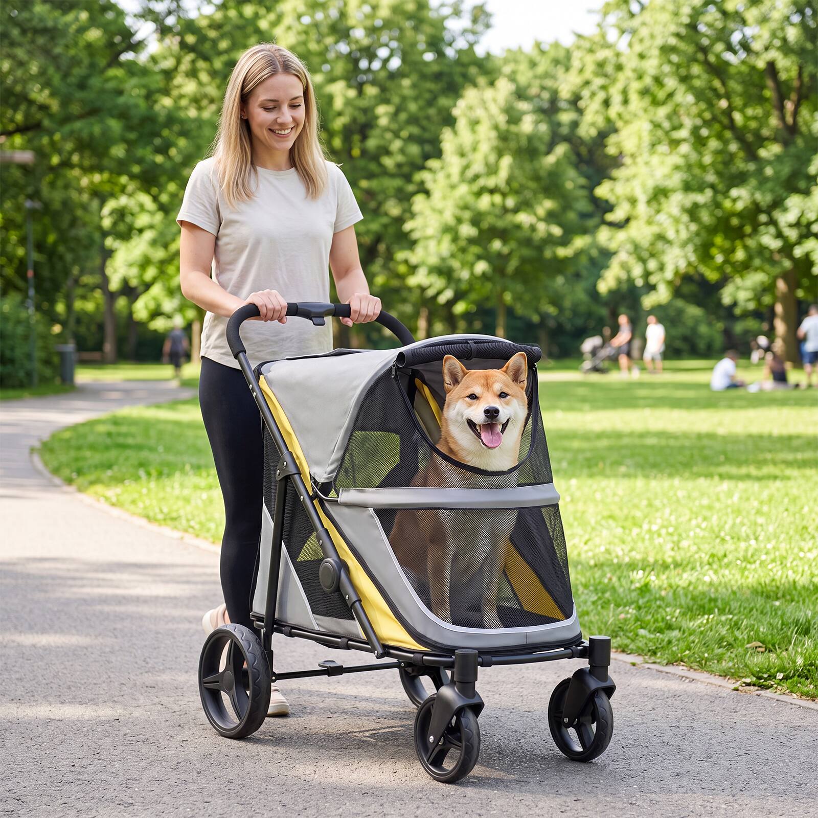 Alt View 1. Costway - Costway Dog Stroller for Large Medium Dogs, Easy Fold Pet Stroller with One-Step Foot Brake - Gray + Yellow.