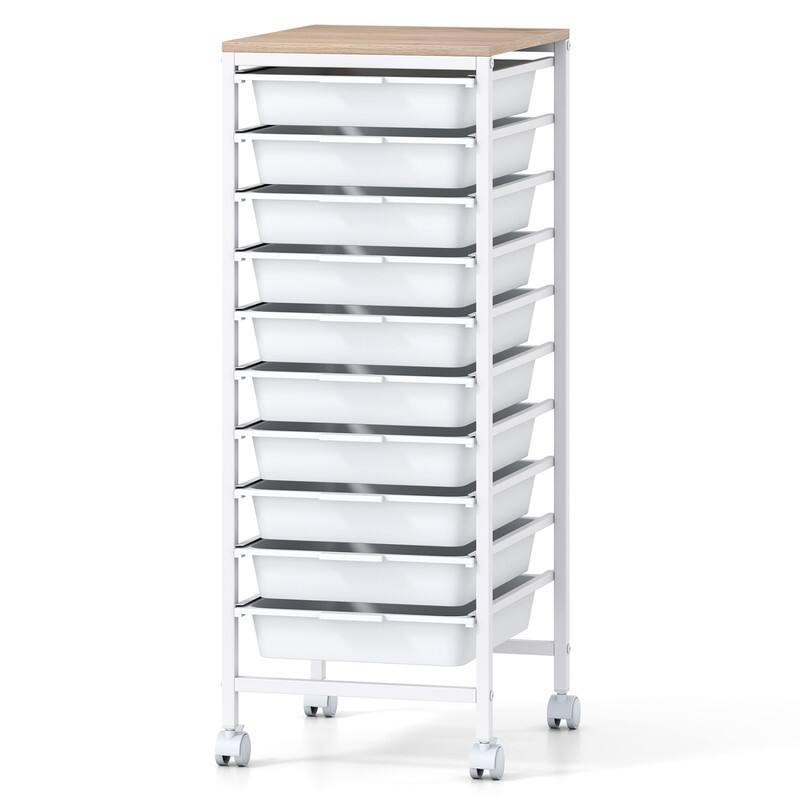 Alt View 3. WELLFOR - 10-Drawer Rolling Storage Cart with Wooden Tabletop, Mobile Utility Organizer for Art & Craft Office School Storage - White.