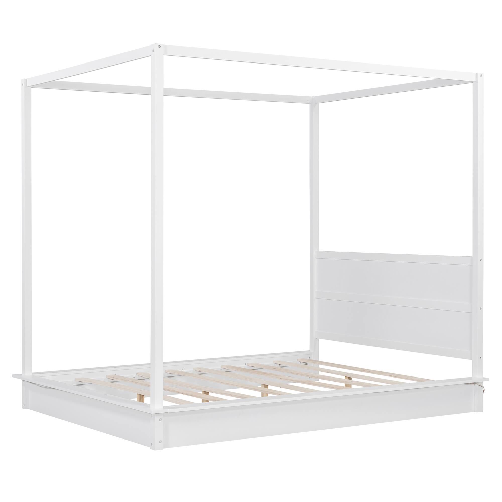 Back. GOODSILO - Queen Size Wooden LED Canopy Platform Bed with Support Slats, No Box Spring Needed, Modern Design - White.
