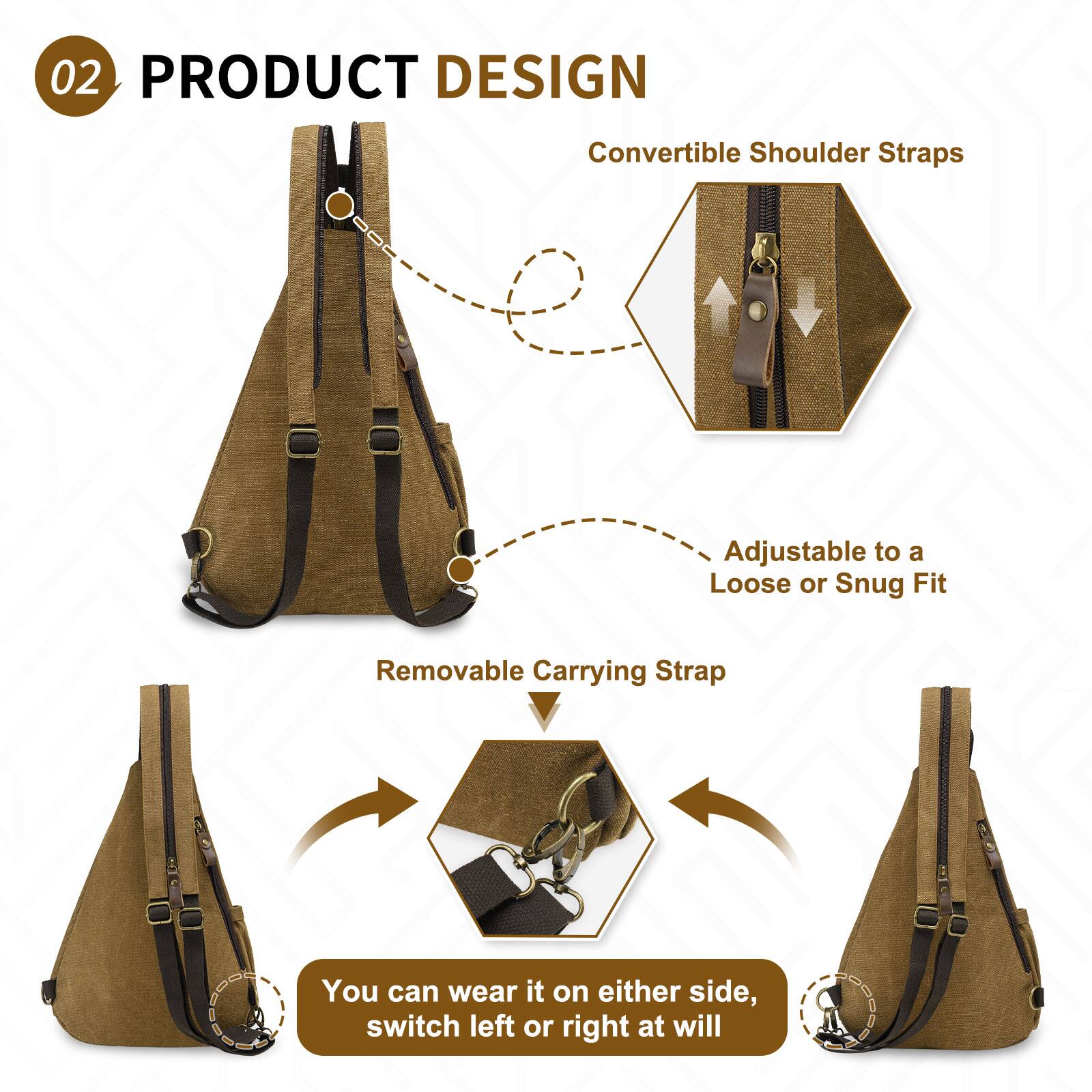02 PRODUCT DESIGN

Convertible Shoulder Straps  
- Adjustable to a Loose or Snug Fit

Removable Carrying Strap  
You can wear it on either side, switch left or right at will