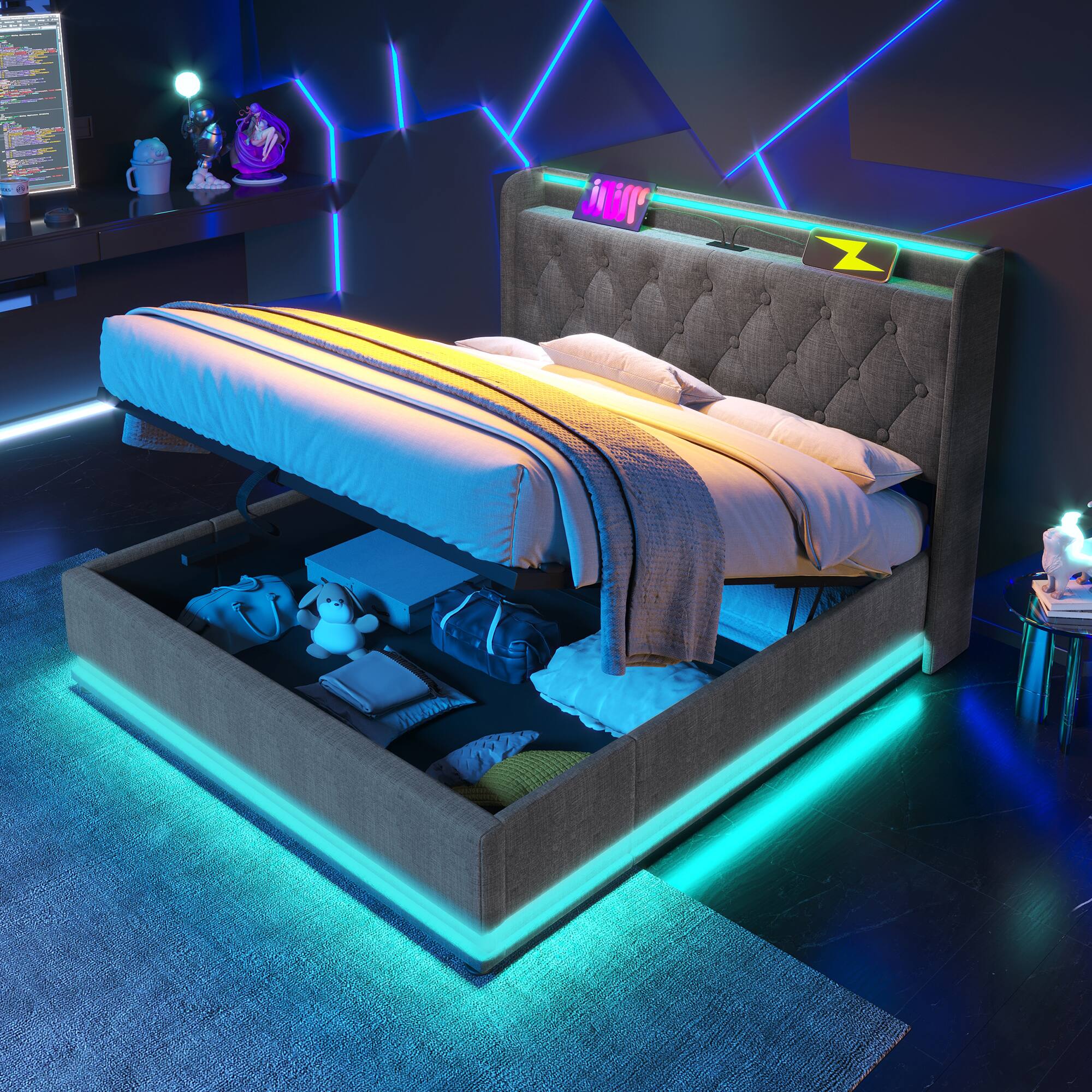 Alt View 3. Anysun - Full Upholstered Hydraulic Bed - 360 Surround LED, App/Remote Control, USB-C Charging, PU. - Grey.