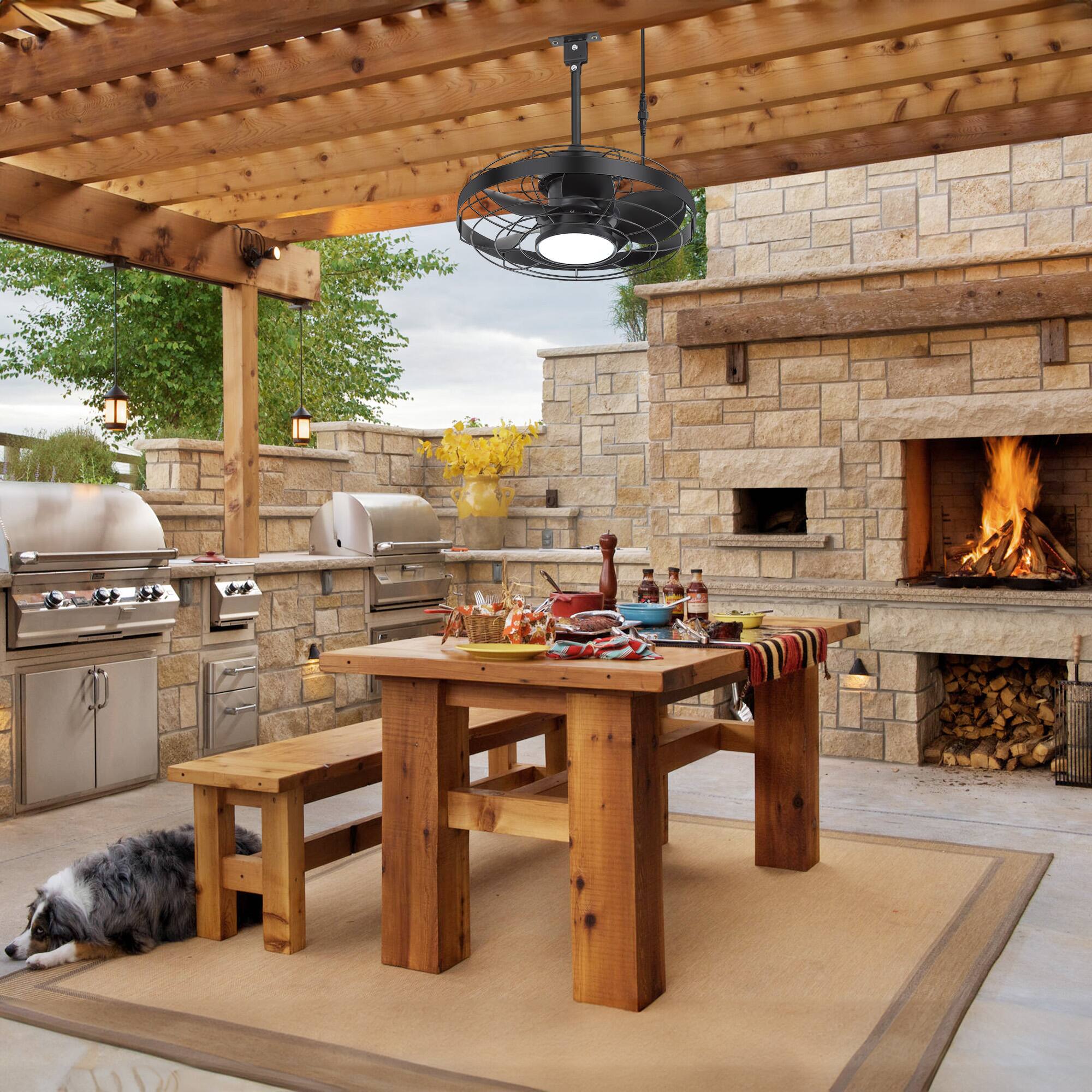 Alt View 1. Breezary - 20 Inch Caged Ceiling Fan with Light and Remote, LED 3-Color Dimmable, 5 ABS Blades, 6&10 Inch Downrods Included - matte black and walnut.