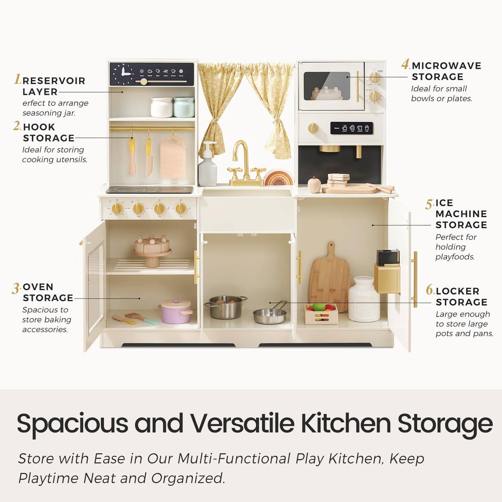 1. RESERVOIR LAYER - Perfect to arrange seasoning jar.
2. HOOK STORAGE - Ideal for storing cooking utensils.
3. OVEN STORAGE - Spacious to store baking accessories.
4. MICROWAVE STORAGE - Ideal for small bowls or plates.
5. ICE MACHINE STORAGE - Perfect for holding playfoods.
6. LOCKER STORAGE - Large enough to store large pots and pans.

Spacious and Versatile Kitchen Storage
Store with Ease in Our Multi-Functional Play Kitchen, Keep Playtime Neat and Organized.