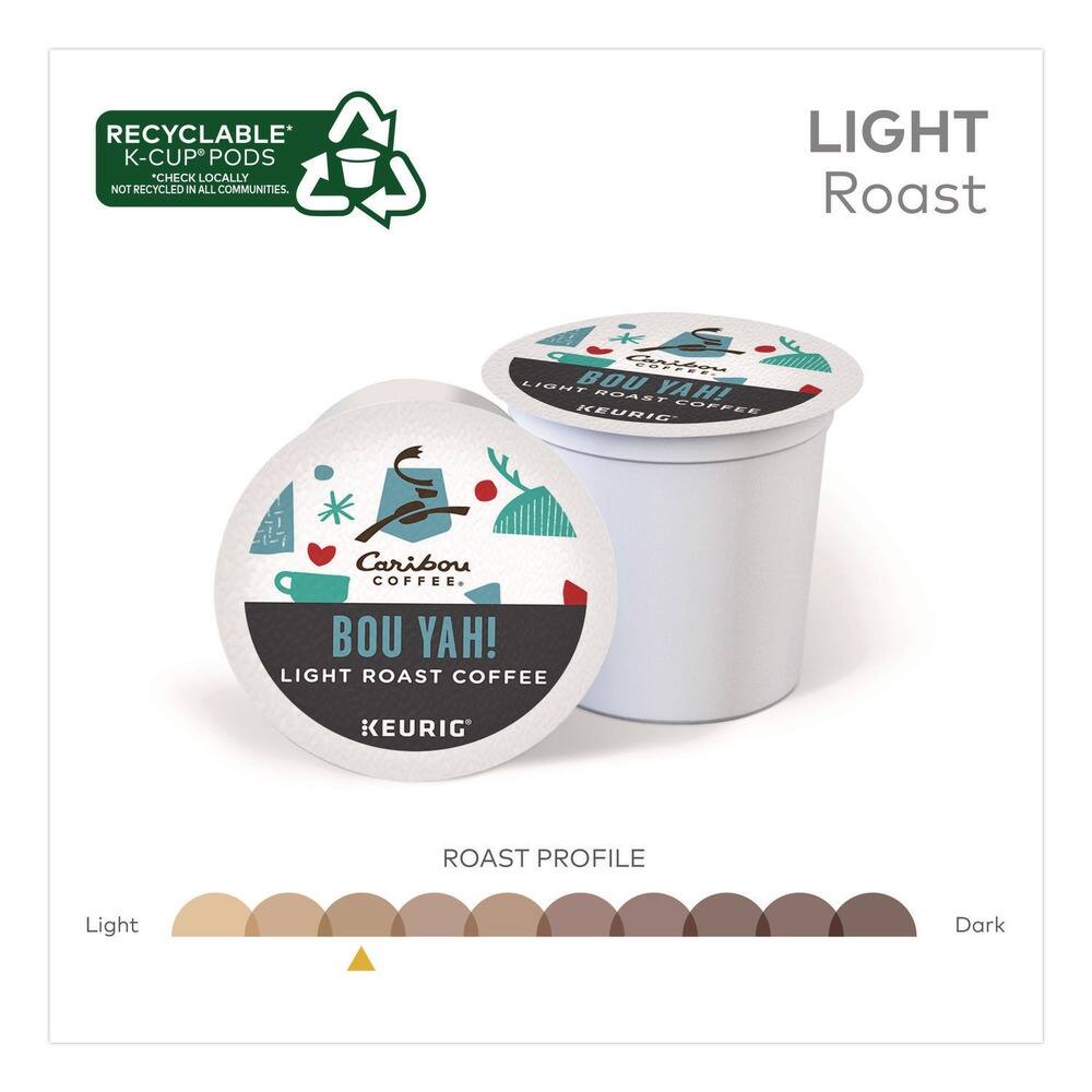 RECYCLABLE K-CUP PODS  
CHECK LOCALLY  
NOT RECYCLED IN ALL COMMUNITIES.

LIGHT Roast  
BOU YAH!  
LIGHT ROAST COFFEE  
KEURIG

Caribou COFFEE  
BOU YAH!  
LIGHT ROAST COFFEE  
KEURIG

ROAST PROFILE  
Light  
Dark