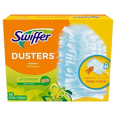 Swiffer Dusters  
dusters plumeaux  

LASTING FRESHNESS  
FRAÎCHEUR DURABLE  
Gain scent  

POWERFUL  
PUISSANT  
trap + lock  

18 DUSTERS / PLUMEAUX