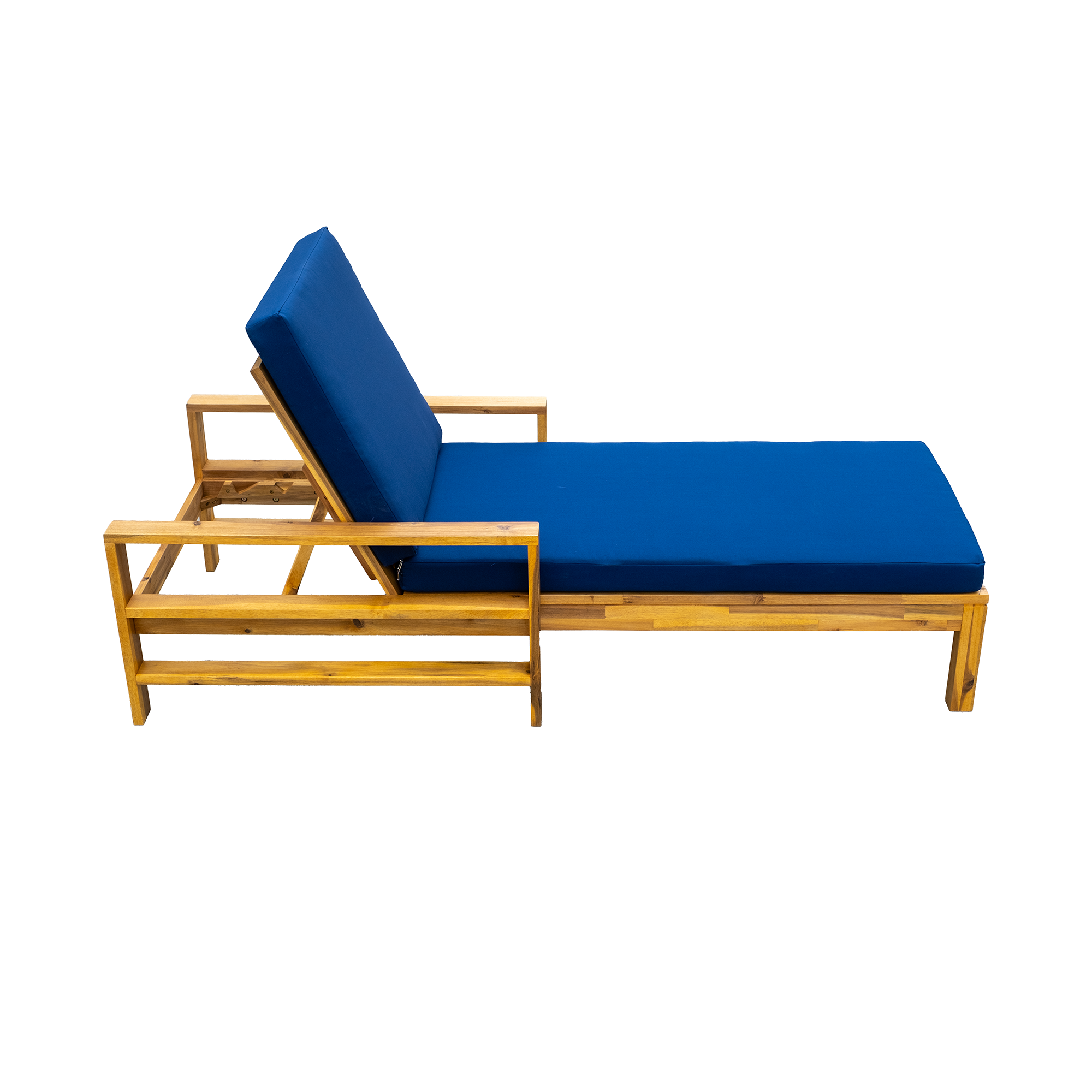 Left. Tiramisubest - Acacia Wood Adjustable Backrest Outdoor Lounge Chair, Suitable for Gardens, Terraces, and Poolside Areas,Blue - Natural+ Blue.