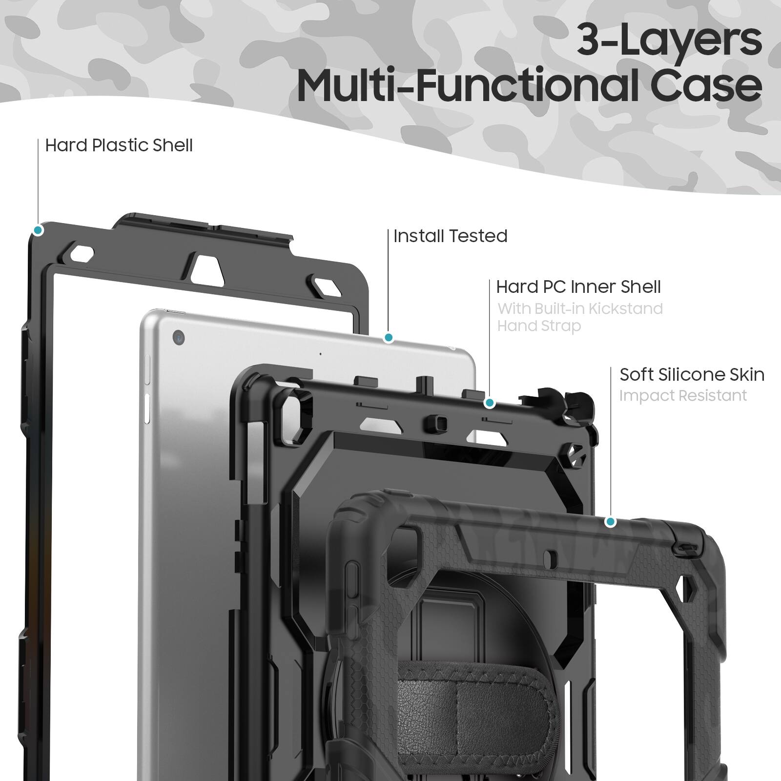 3-Layers Multi-Functional Case

- Hard Plastic Shell
- Install Tested
- Hard PC Inner Shell with Built-in Kickstand Hand Strap
- Soft Silicone Skin
- Impact Resistant