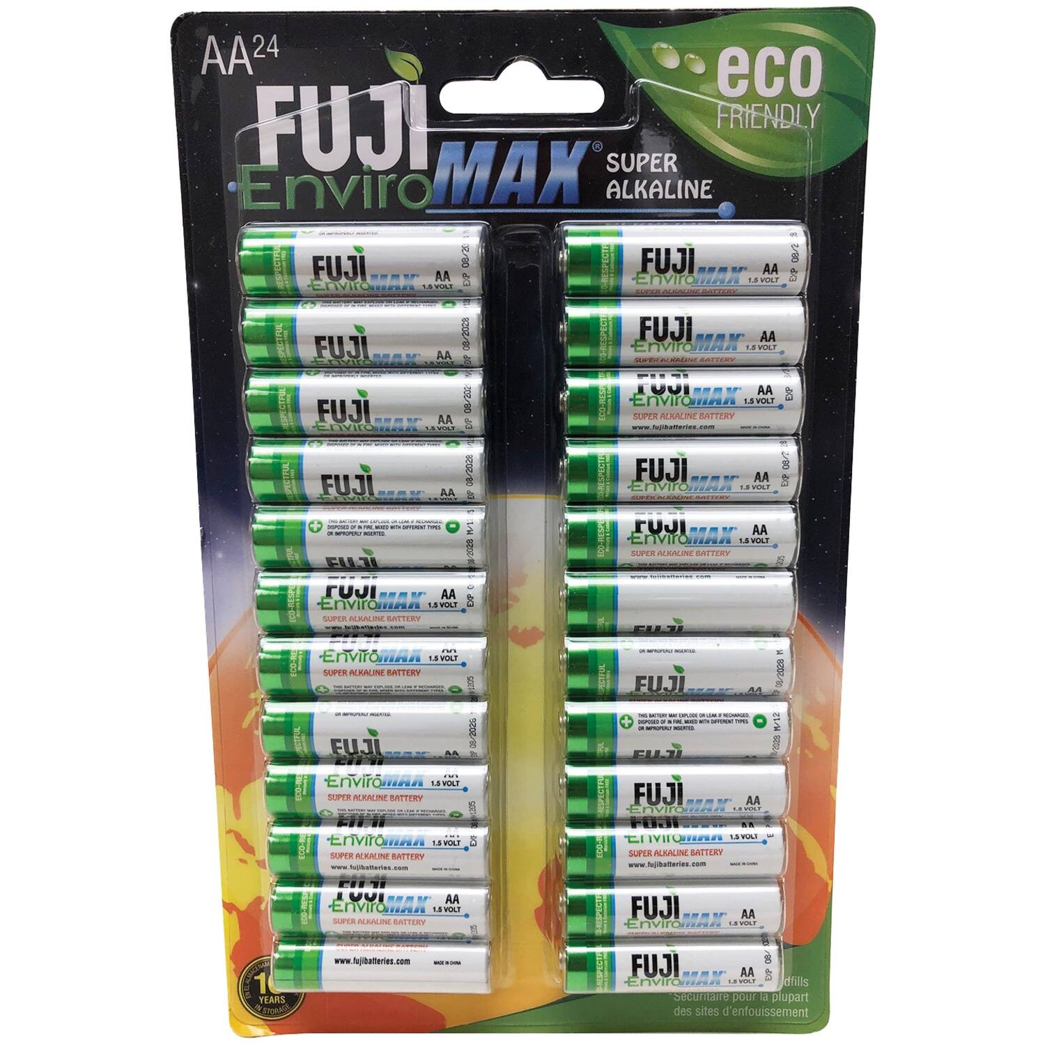 Sure, here is the corrected and grouped text from the image:

---

**AA 24**

**FUJI EnviroMAX**

**SUPER ALKALINE**

**eco FRIENDLY**

**FUJI EnviroMAX AA 1.5VOLT**

**SUPER ALKALINE BATTERY**

**www.fujibatteries.com**

**1 YEAR GUARANTEE**

**Securitaire pour la plupart des sites d'enfouissement**

**FUJI EnviroMAX AA 1.5VOLT**

**SUPER ALKALINE BATTERY**

**www.fujibatteries.com**

**1 YEAR GUARANTEE**

**Securitaire pour la plupart des sites d'enfouissement**

**FUJI EnviroMAX AA 1.5VOLT**

**SUPER ALKALINE BATTERY**

**www.fujibatteries.com**

**1 YEAR GUARANTEE**

**Securitaire pour la plupart des sites d'enfouissement**

**FUJI EnviroMAX AA 1.5VOLT**

**SUPER ALKALINE BATTERY**

**www.fujibatteries.com**

**1 YEAR GUARANTEE**

**Securitaire pour la