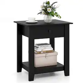 Costway - 1 PCS Nightstand with Drawer 3-Tier Modern Bedside Table with Open Shelf Storage for Bedroom - Black
