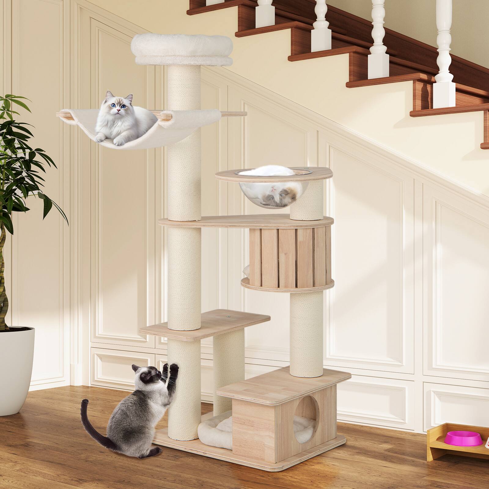 Alt View 8. Gymax - Gymax 69'' Tall Cat Tree Wooden Kitten Tower w/ 2 Condos Cozy Top Perch Space Capsule.