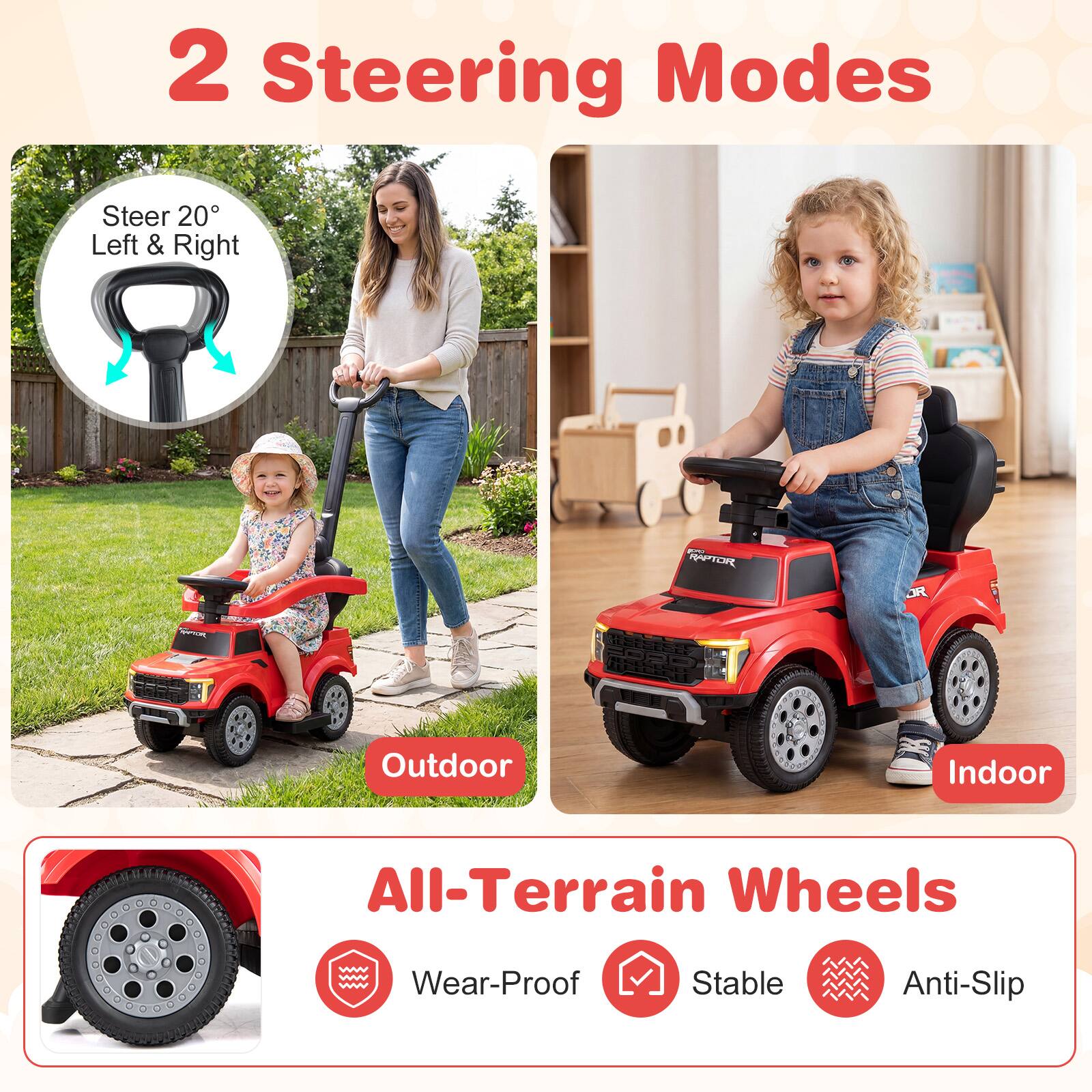 2 Steering Modes  
Steer 20° Left & Right  
Outdoor Indoor  
All-Terrain Wheels  
Wear-Proof Stable Anti-Slip