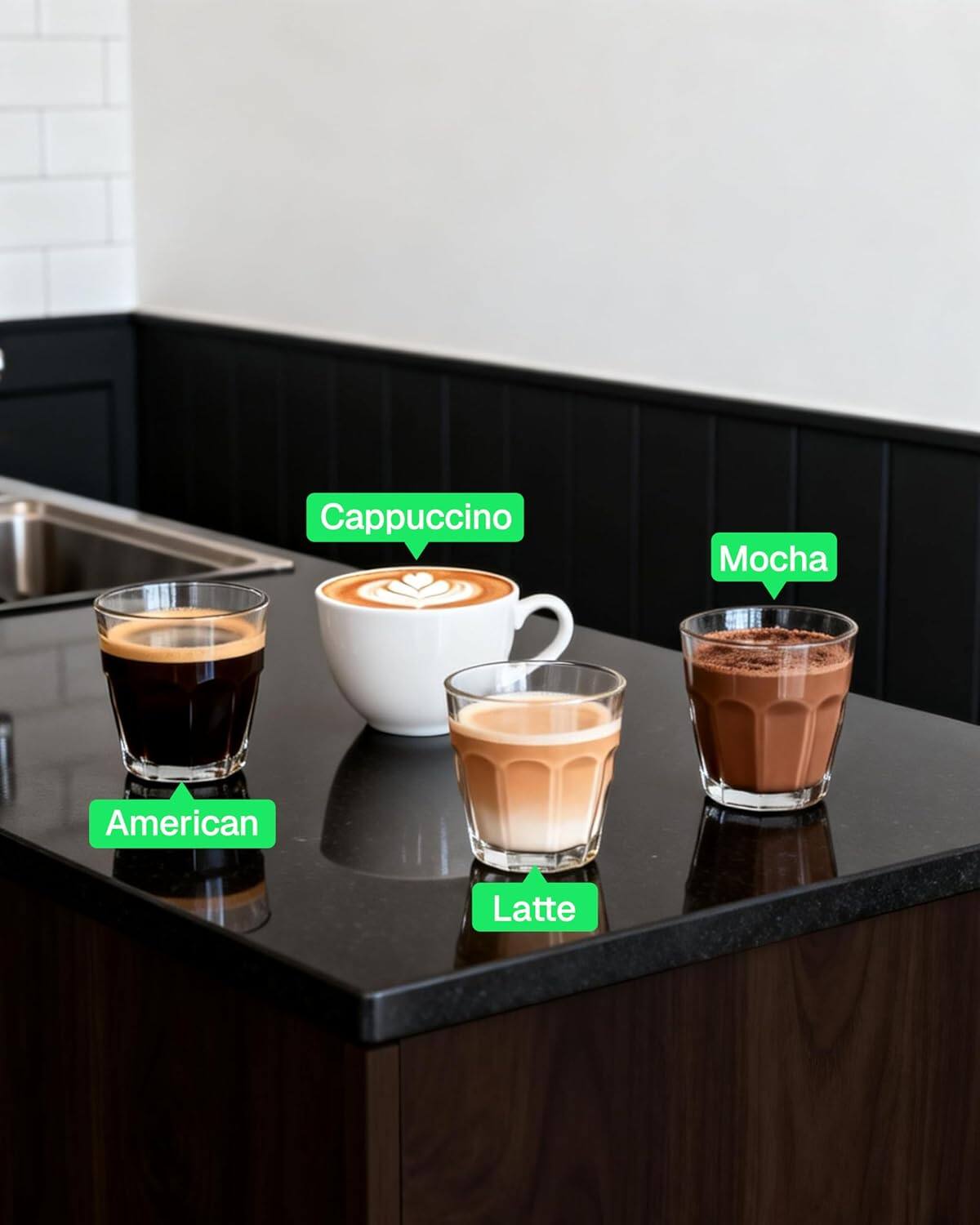 Cappuccino  
Mocha  
American  
Latte