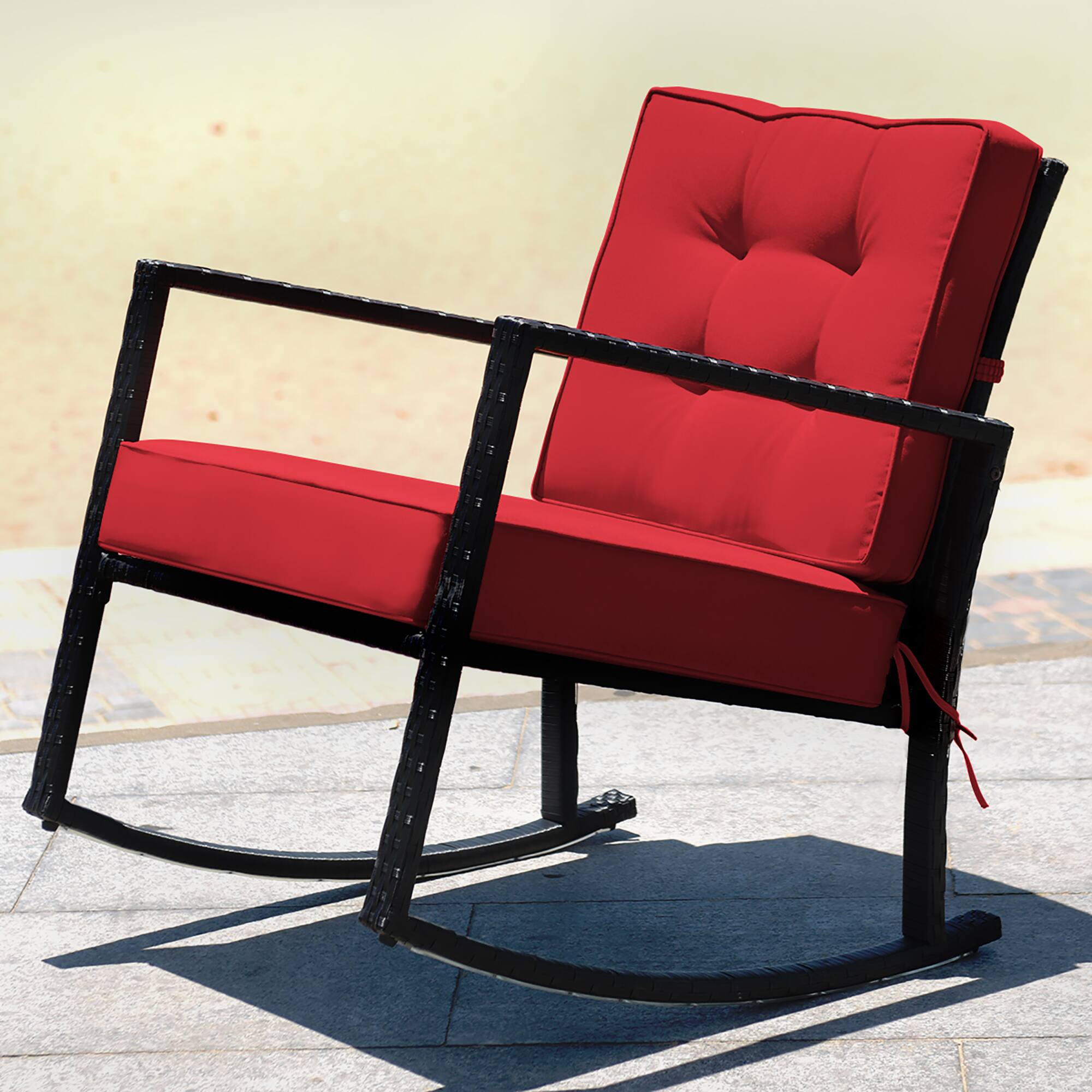 Alt View 3. Costway - Costway 2PCS Patio Rattan Rocker Chair Outdoor Glider Wicker Rocking Chair Cushion - Red.